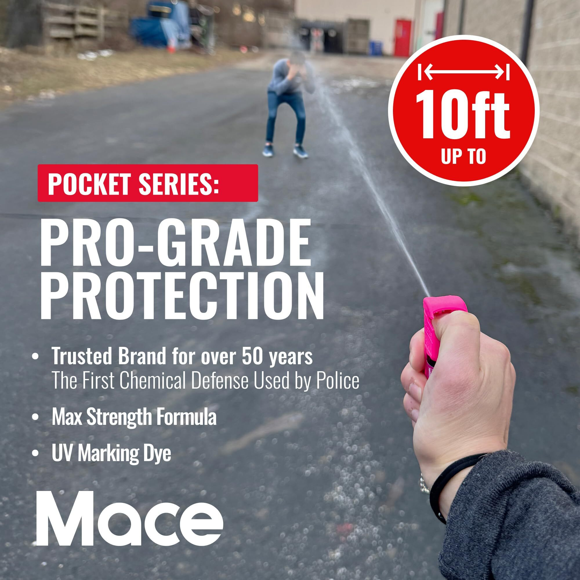 Mace Brand Pocket Pepper Spray (Neon Pink) - Accurate 10 Powerful Pepper Spray with Flip Top Safety Cap, Leaves UV Dye on Skin - Great for Self-Defense