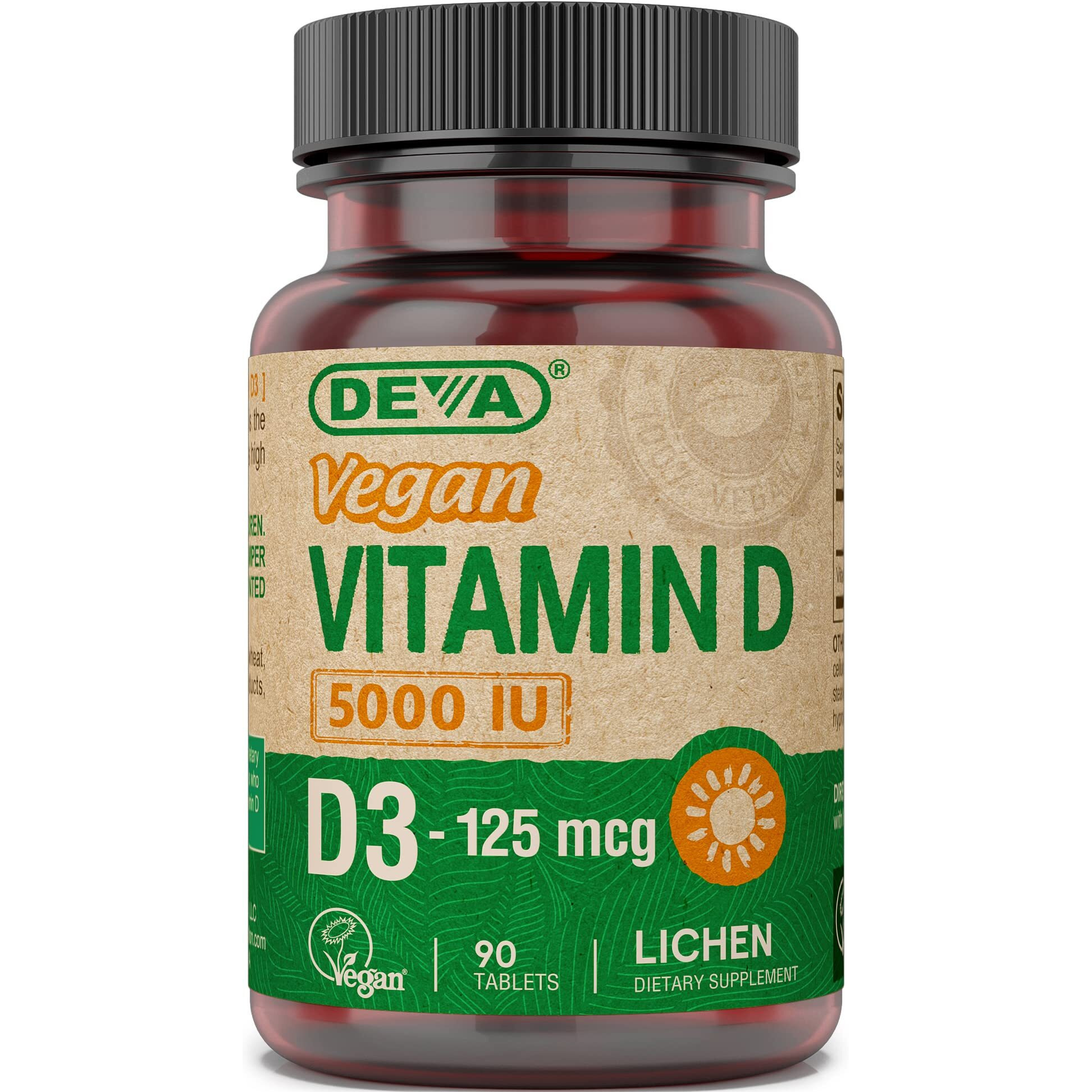 DEVA Vitamin D3 5000 IU, Sunshine Supplement, 125 mcg of Vegan D3, 90-Count Bottle
