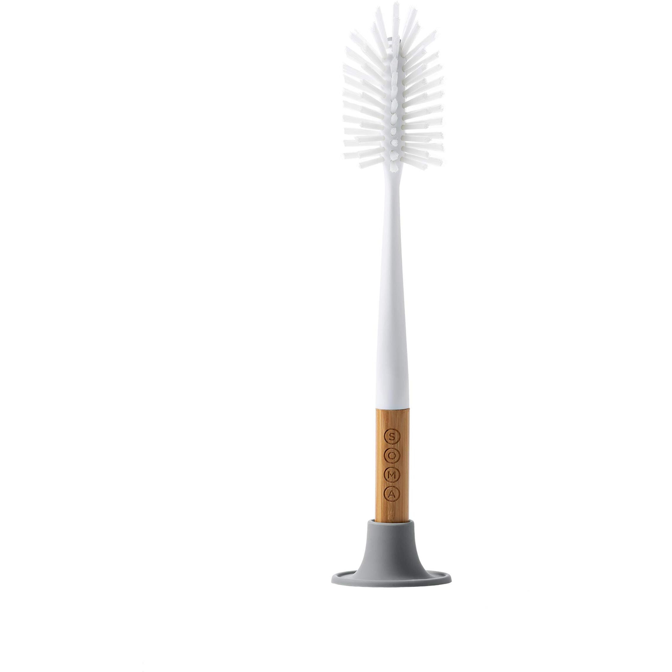 SOMA Long, Curved-Head Bottle Brush with Silicone Stand and Bamboo Handle, 14"", Gray"