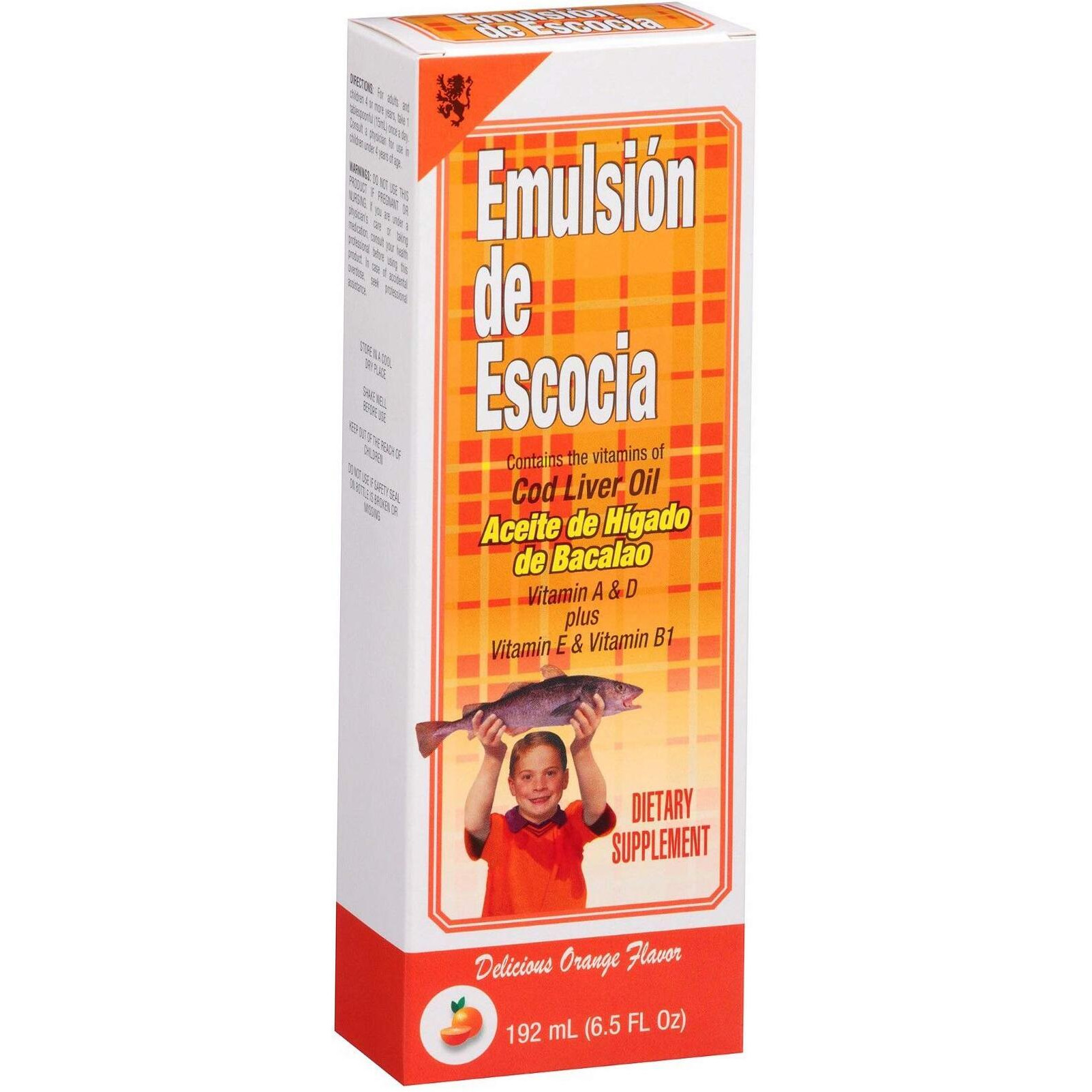 EMULSION DE ESCOCIA Cod Liver Oil, Dietary Supplement, Vitamins A, B1, D and E, Immune System Support, Orange Flavor (6.5 Fl Oz/Pack of 1)