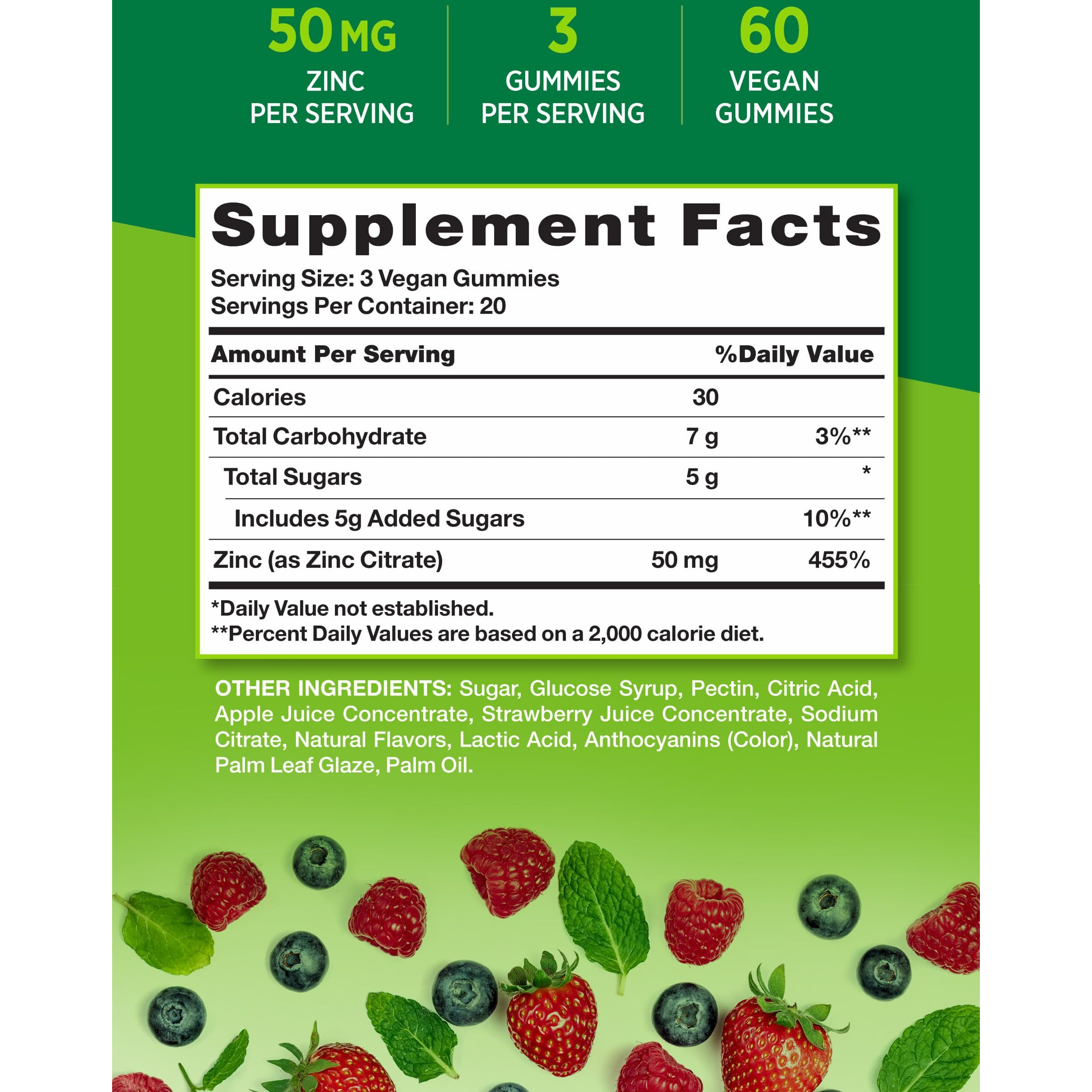 Zinc Gummies | 50mg | 60 Count | Vegan, Non-GMO & Gluten Free Supplement | Mixed Berry Flavor | by Natures Truth