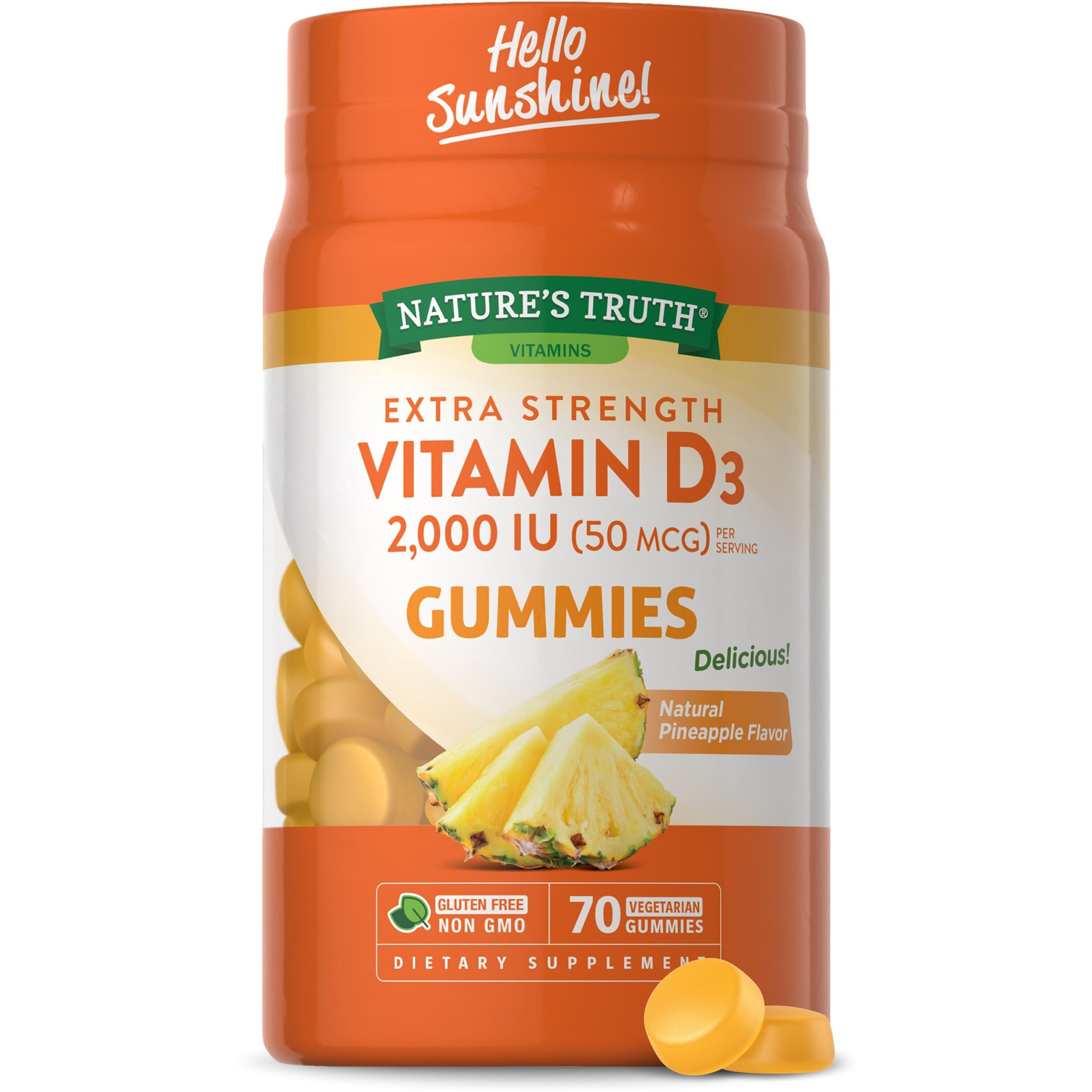 Nature's Truth Vitamin D3 Gummies | 2000 IU | 70 Count | Vegetarian, Non-GMO and Gluten Free Supplement | Pineapple Flavor