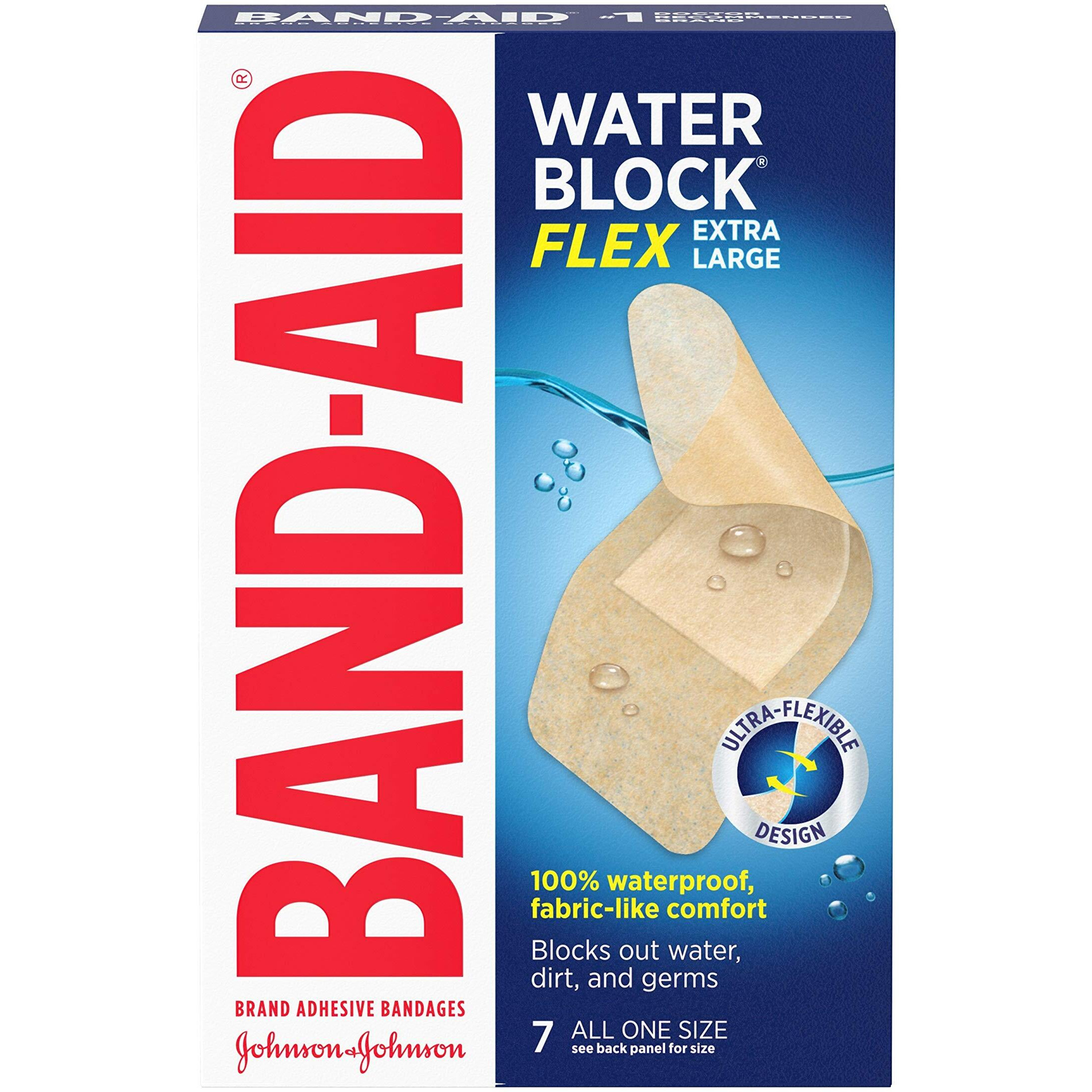 Band-Aid Brand Water Block Flex 100% Waterproof Adhesive Bandages for First-Aid Wound Care of Minor Cuts, Scrapes & Wounds, Ultra-Flexible Design, Sterile, Extra Large, 7 ct