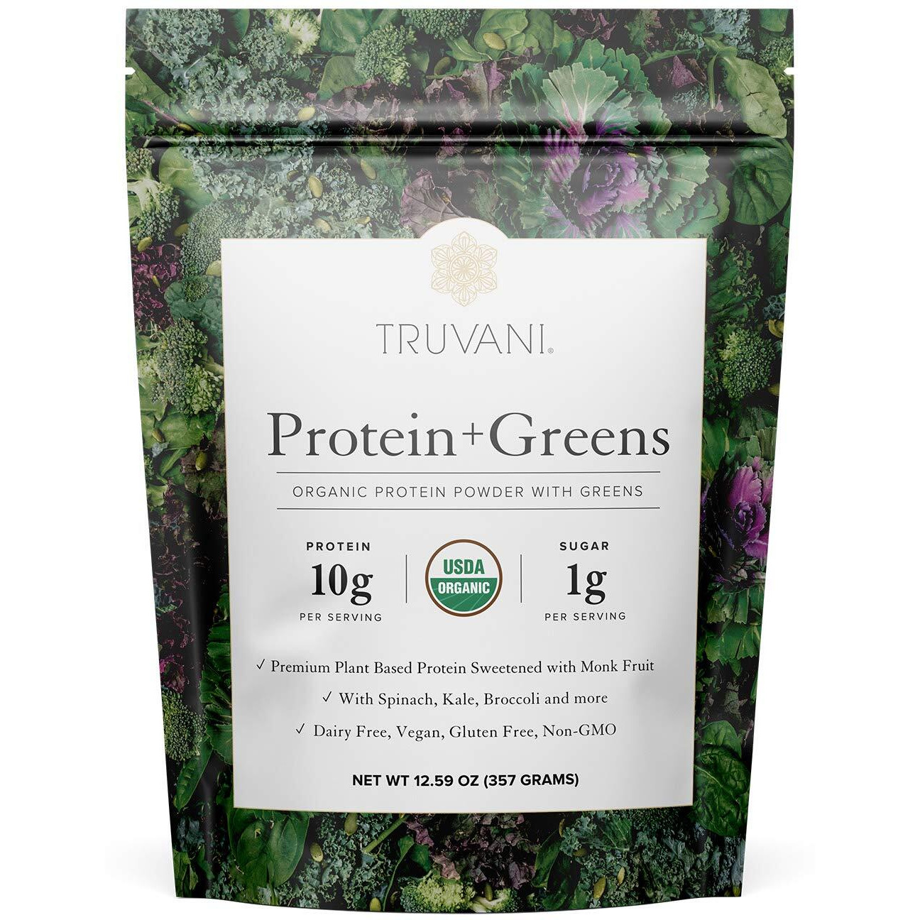 Truvani Protein + Greens | Organic, Non-GMO, Vegan, Gluten Free, Dairy Free | Daily Greens Combined with Protein | Great Taste with a Splash of Sweetness