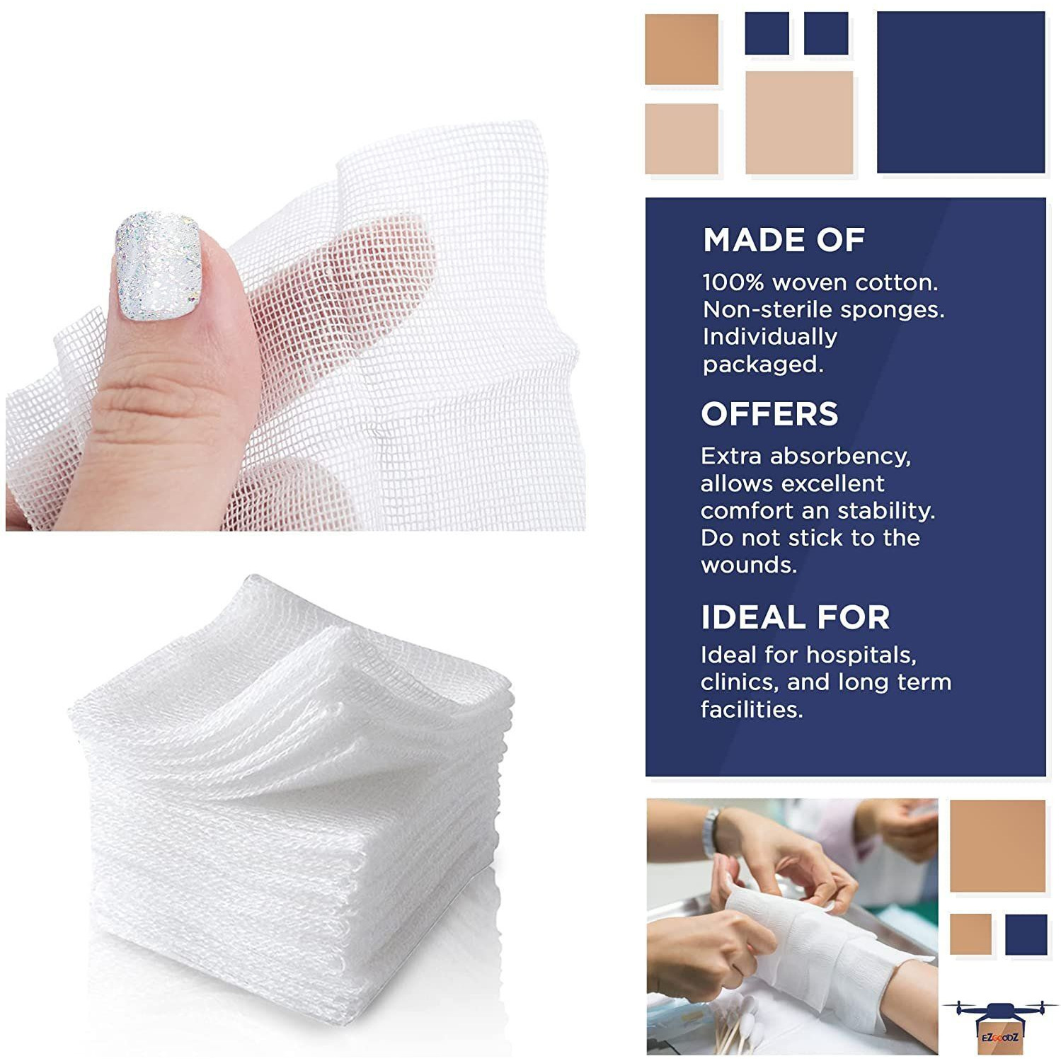 gauze Sponges 2 x 2 Pack of 100 Non-Sterile 100% Woven cotton Pads for Wounds cleaning Preparing Medical 12-ply gauze Dressings Disposable Surgical Absorbent Swabs Individually Packaged(D0102HI5ER7)