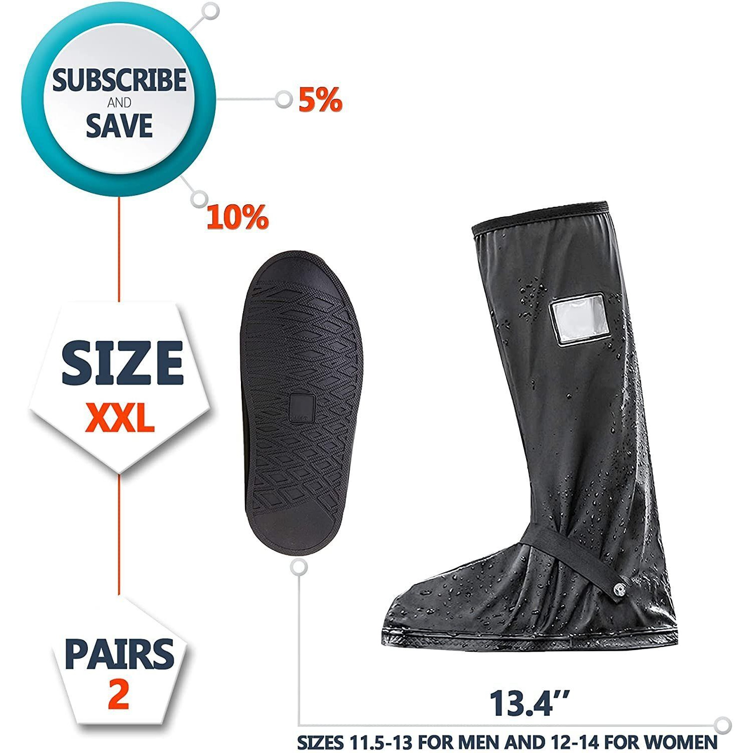 Tall Waterproof Shoe covers for rain 2 Pairs of Black XX-Large Reusable Walking Boot covers with Rubber Sole Nonslip PVc Outdoor Overshoes Pack of 4 Protectors with Zipper Top Snap Button(D0102HI74Kg)