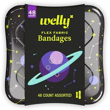 Welly Bandages | Adhesive Flexible Fabric Bravery Badges | Assorted Shapes for Minor Cuts, Scrapes, and Wounds | Colorful and Fun First Aid Tin | Space Patterns - 48 Count