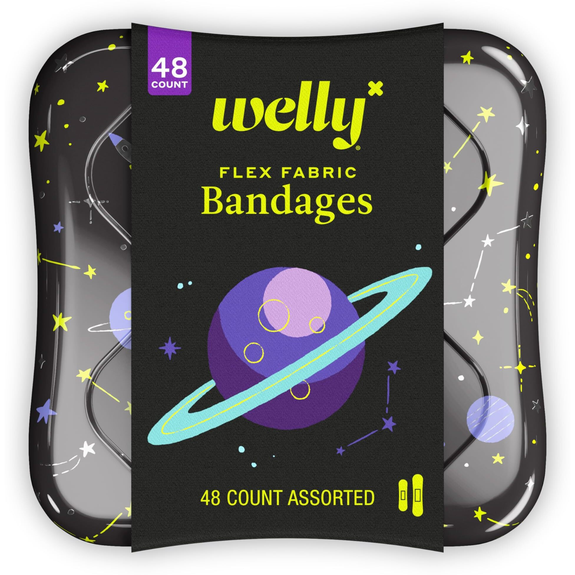 Welly Bandages | Adhesive Flexible Fabric Bravery Badges | Assorted Shapes for Minor Cuts, Scrapes, and Wounds | Colorful and Fun First Aid Tin | Space Patterns - 48 Count