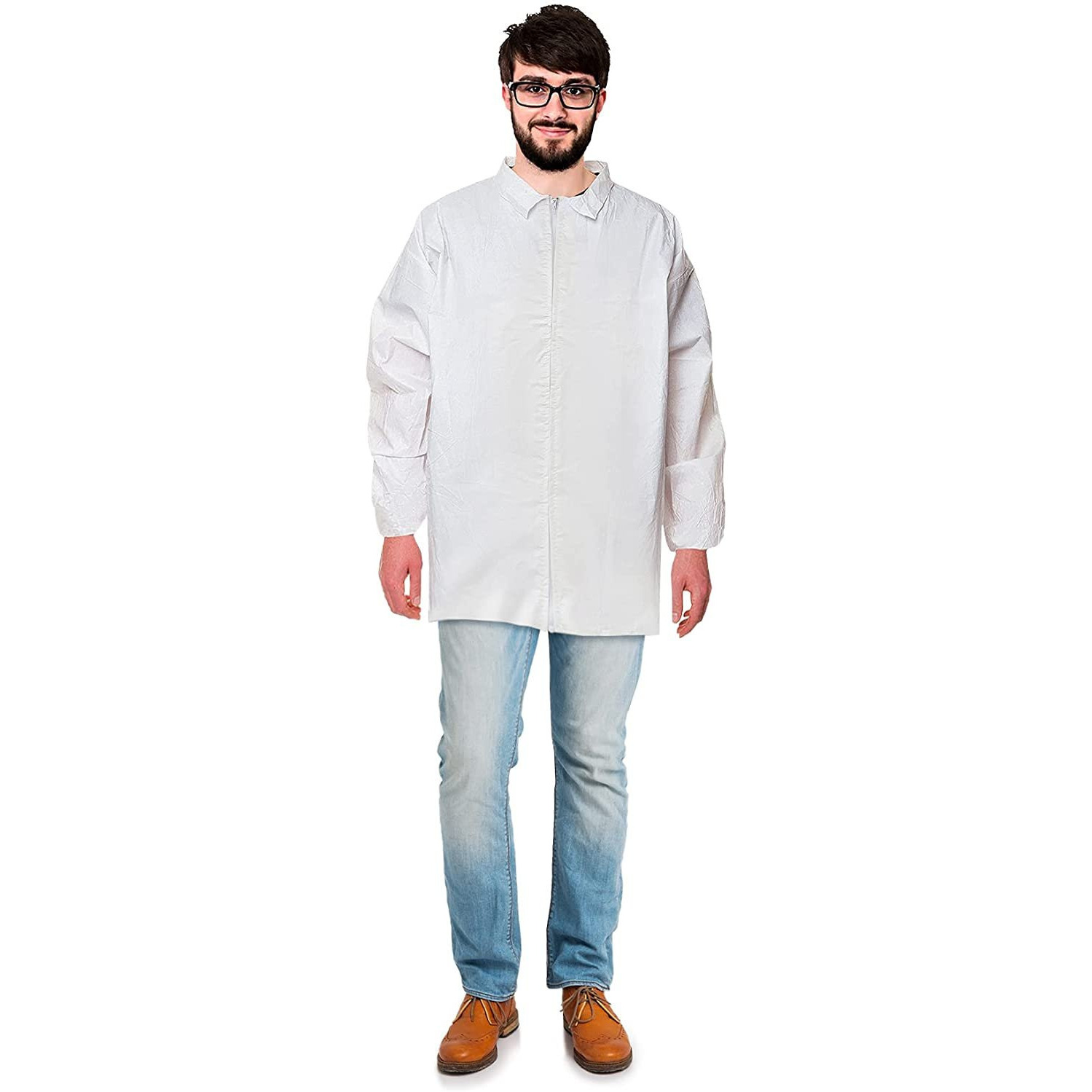 Waterproof Disposable Lab Jackets Pack of 10 White Medium Microporous 65 gsm Hip-Length Lab coats with Elastic cuffs Zipper Unisex Protective Short Work gowns PPE Shirts for Painting(D0102HI744Y)