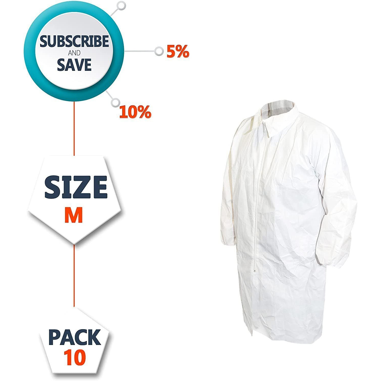 Waterproof Disposable Lab Jackets Pack of 10 White Medium Microporous 65 gsm Hip-Length Lab coats with Elastic cuffs Zipper Unisex Protective Short Work gowns PPE Shirts for Painting(D0102HI744Y)