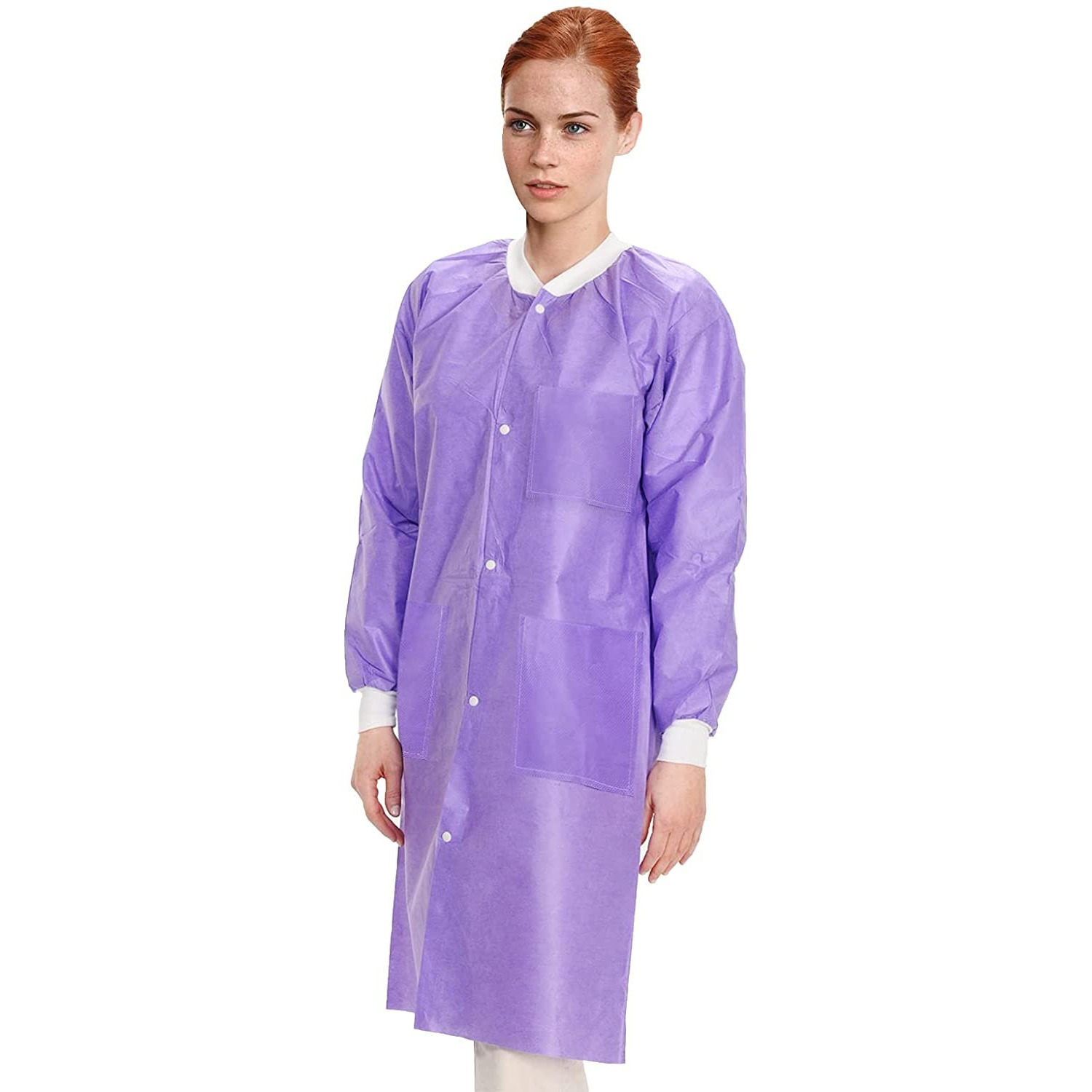 Disposable Lab coats 43 inch Long Pack of 10 Purple Work gowns Medium SMS 50 gsm Protective clothing with Snaps Front Knit cuffs And collar 3 Pockets for Adults M(D0102HI7N5Y)