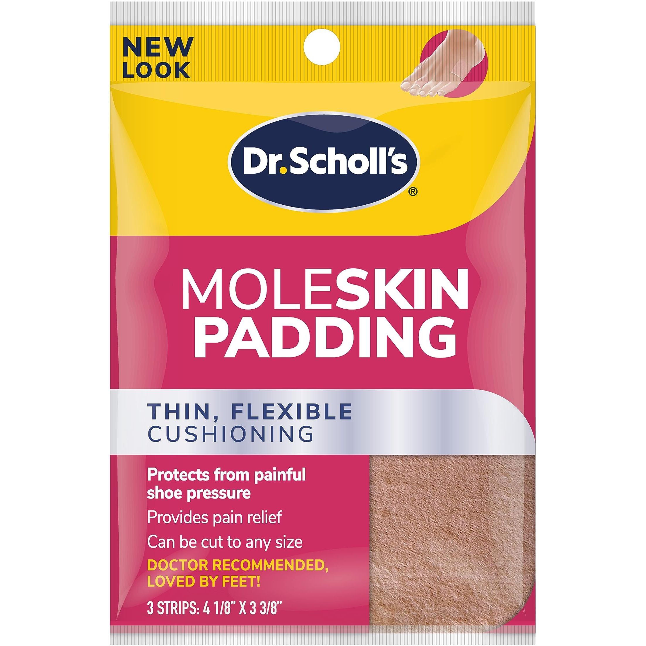 Dr. Scholl's Moleskin Padding Strips, 3 Strips // Thin, Flexible Cushioning & Pain Relief - Cut to Any Size - Doctor Recommended - Strip Size 4 1/8 Inches X 3 3/8 Inches