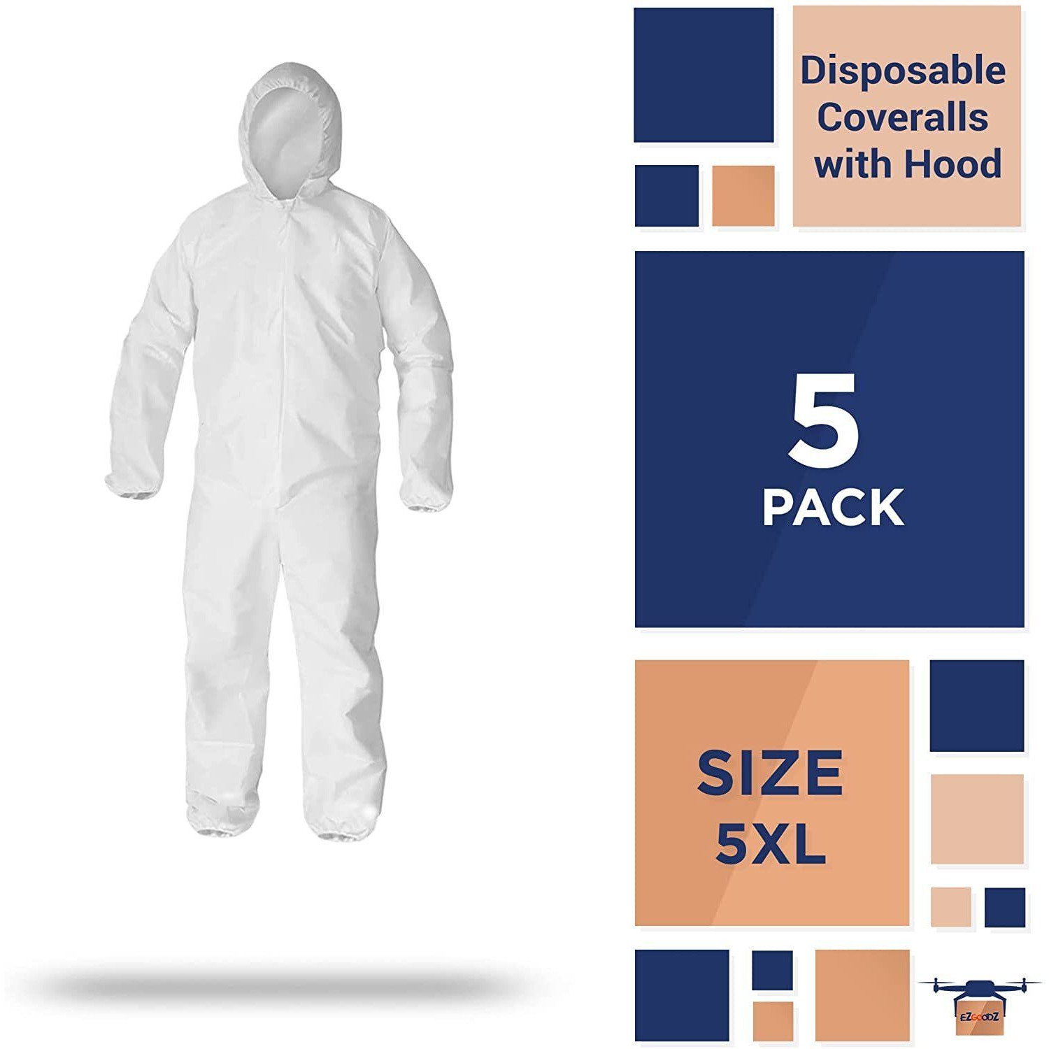 Disposable SF coverall Pack of 5 White Small Full Body Protective Suit of Laminated Polypropylene 60 gsm Adult Unisex PPE with Microporous Film Hood Zipper Elastic Wrists for Painting(D0102HI78NW)