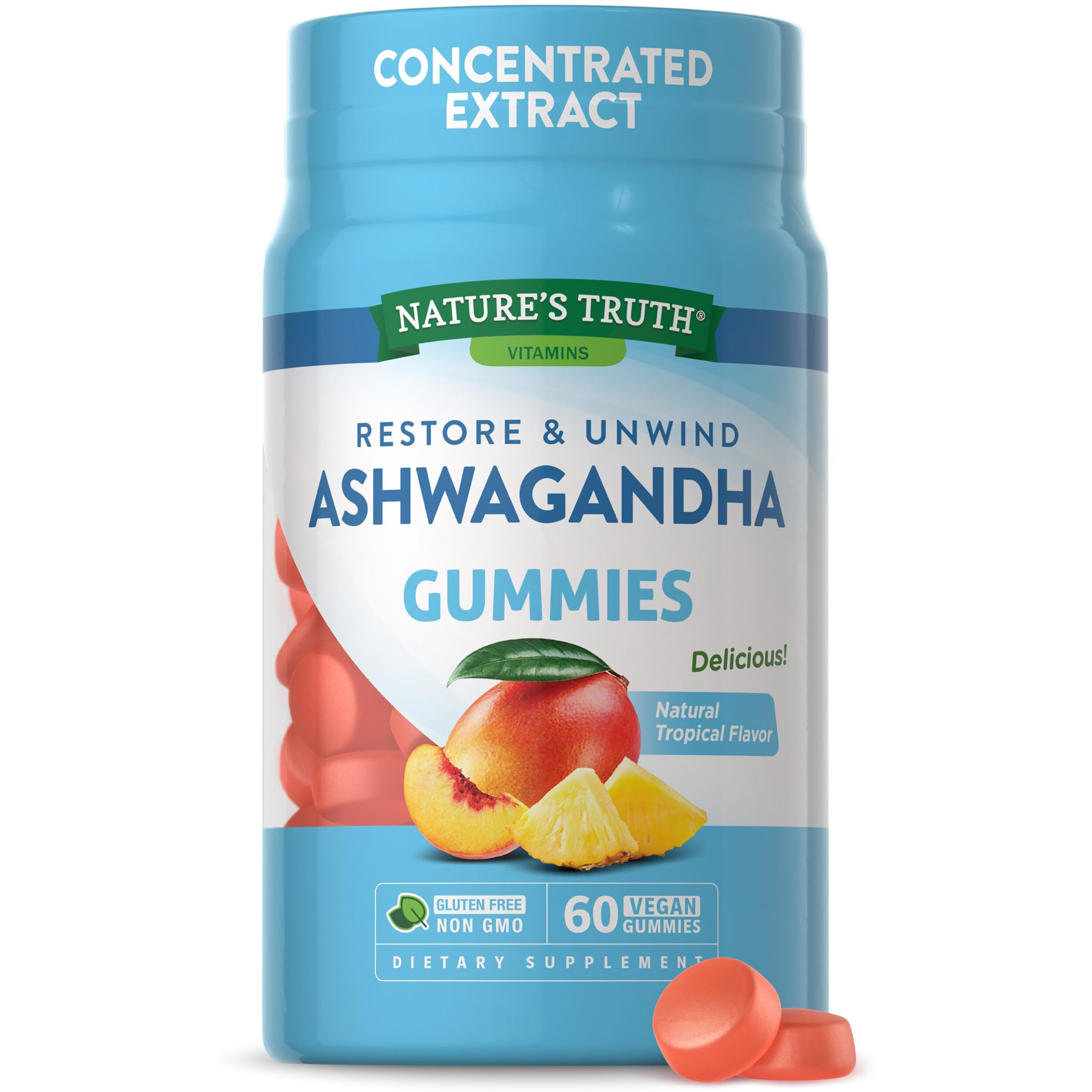 Ashwagandha Gummies | Vegan, Non-GMO, & Gluten Free Supplement | 60 Tropical Flavor Gummies | by Nature's Truth