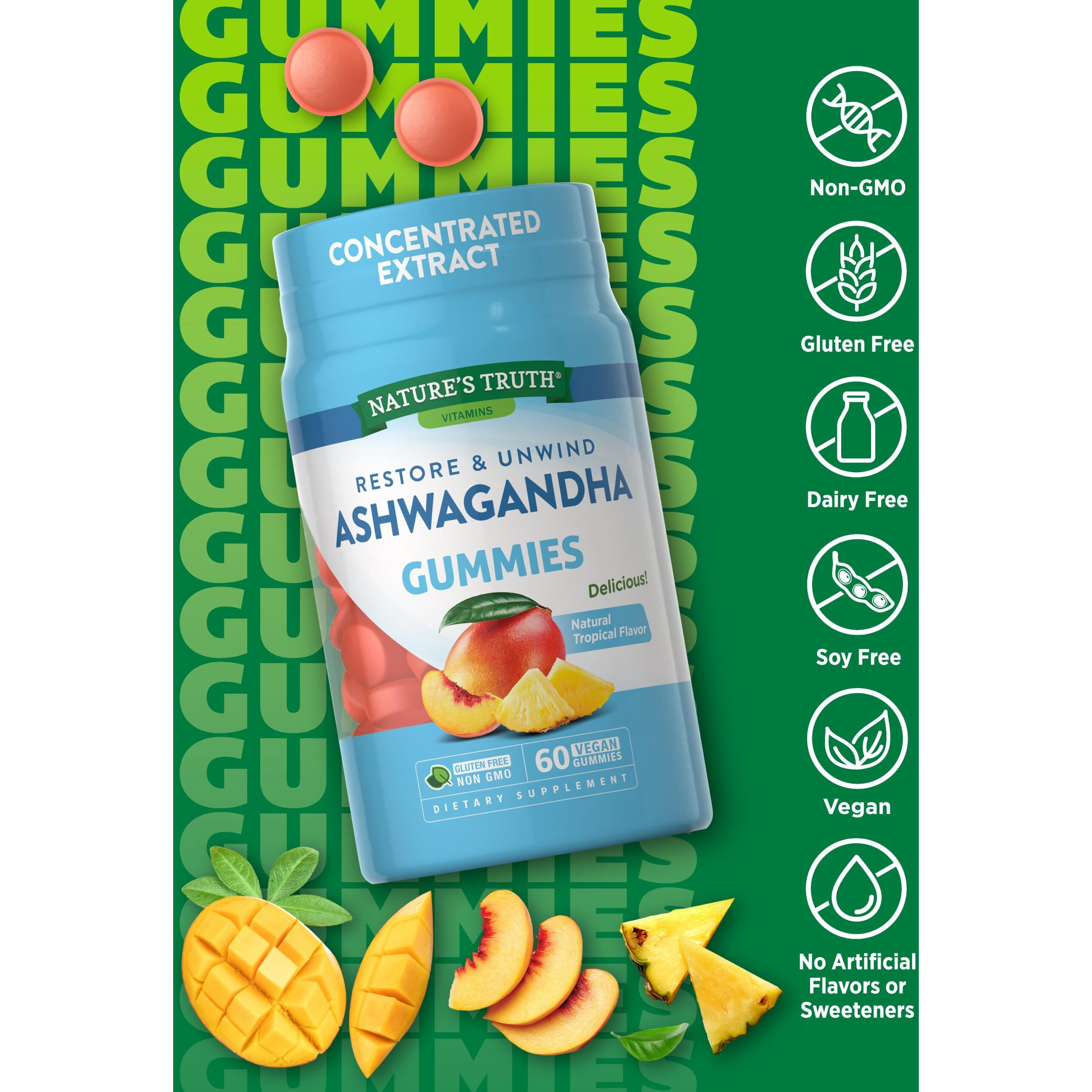 Ashwagandha Gummies | Vegan, Non-GMO, & Gluten Free Supplement | 60 Tropical Flavor Gummies | by Nature's Truth