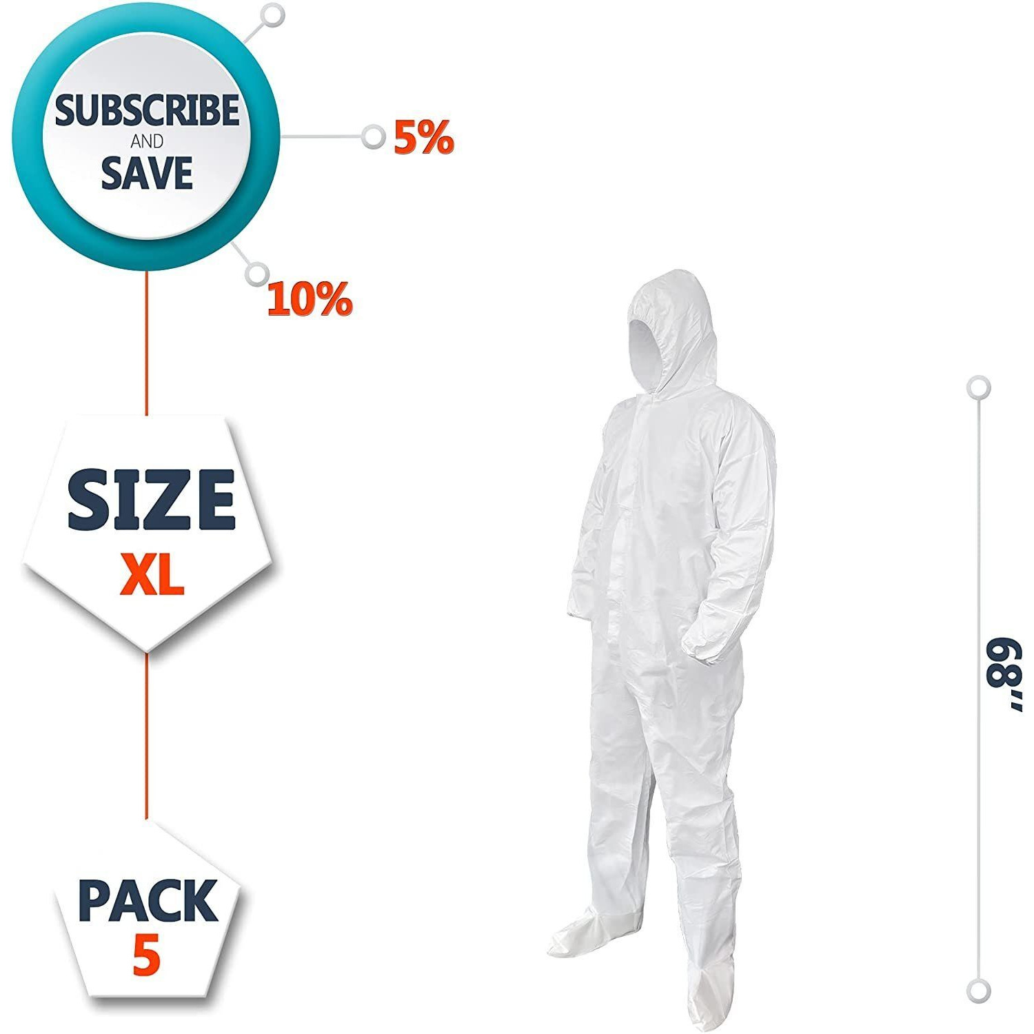 Disposable SF coveralls Pack of 5 White Body Protective Suits of Laminated Polypropylene 60 gsm X-Large PPE Workwear with Microporous Film Hood Boots Zipper Elastic Wrists for Painting(D0102HI78DA)