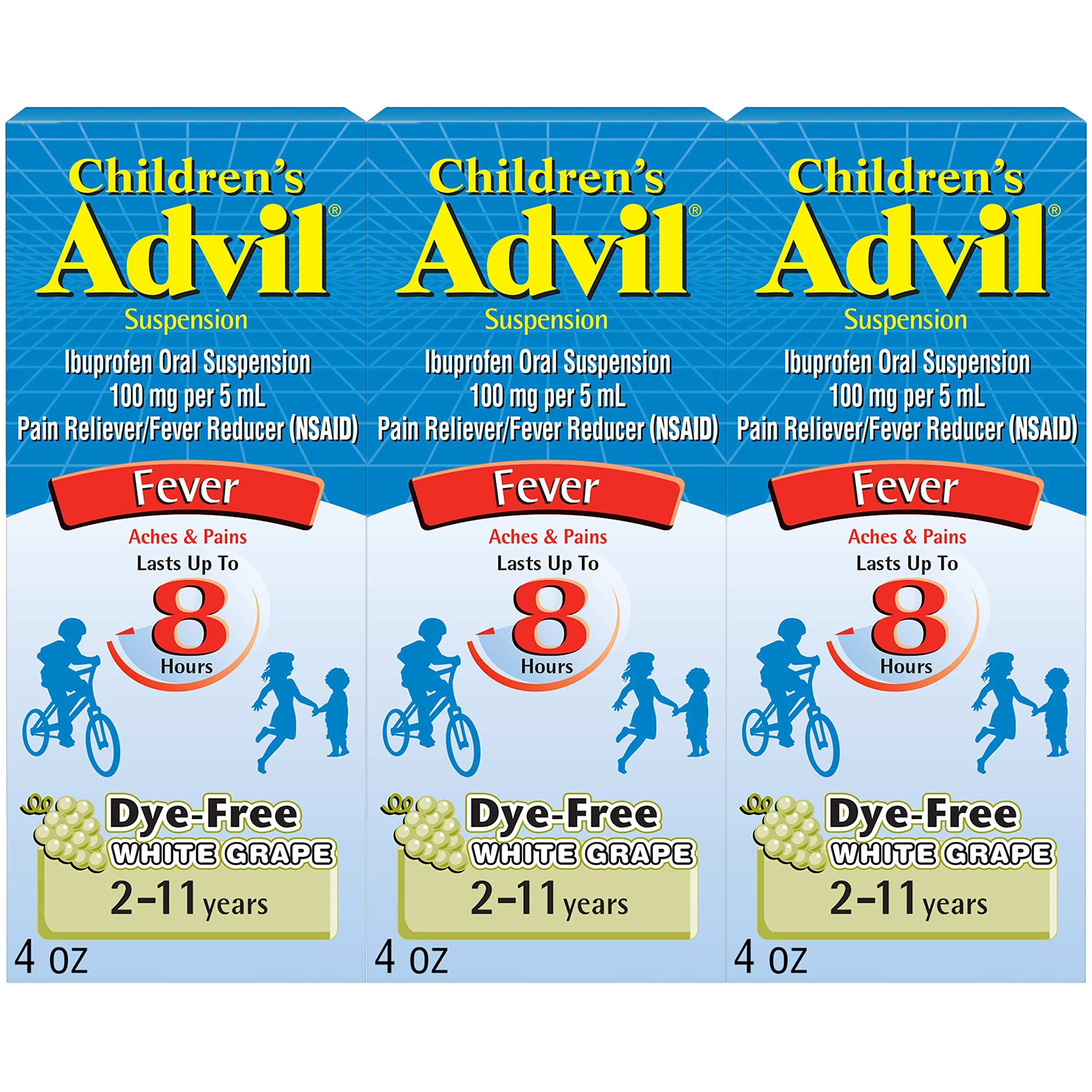 Advil Children's Pain Reliever and Fever Reducer, Dye Free Children's Ibuprofen for Pain Relief, Liquid Ibuprofen for Children, White Grape - 4 Fl Oz (Pack of 3)