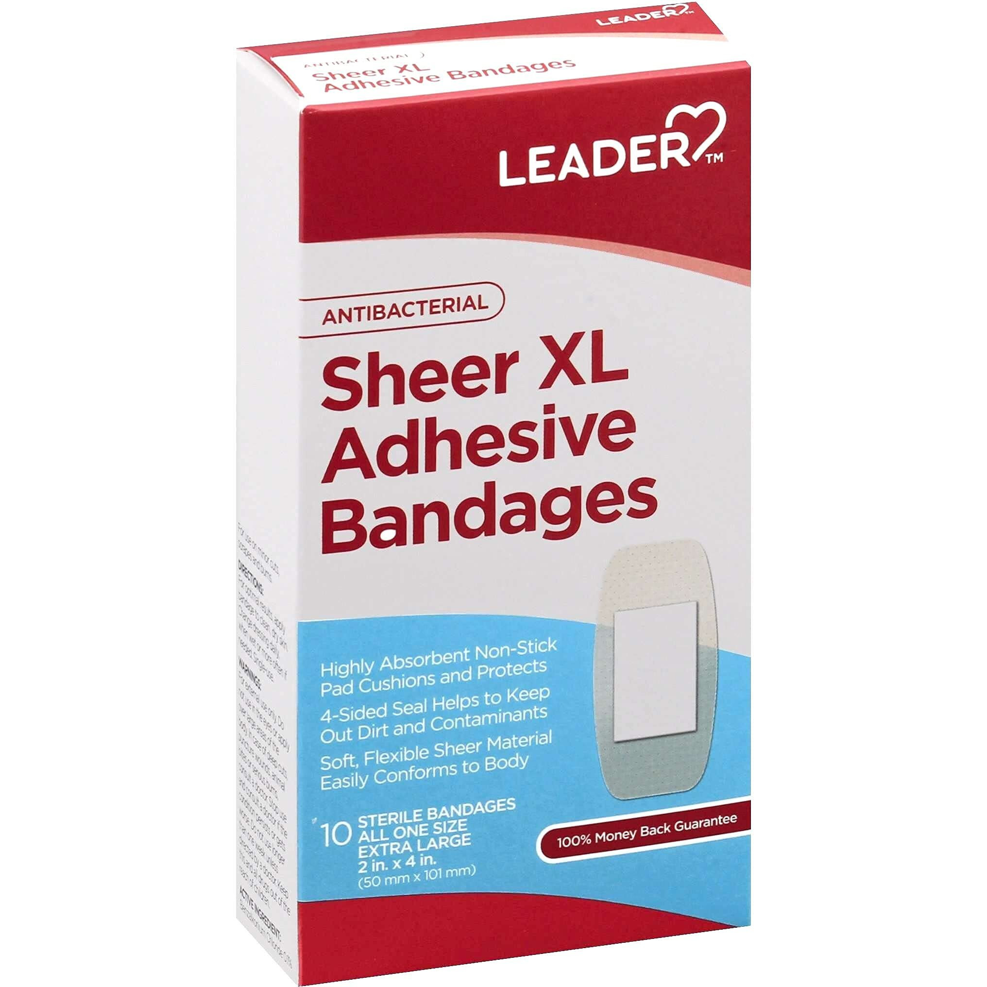 Leader Sheer XL Adhesive Bandages, Packs ofBlends with Skin, Helps Prevent Infection, Long Lasting, First Aid and Wound Care Protection, Compare to Band-Aid, All One Size 2" x 4", 10 ct.