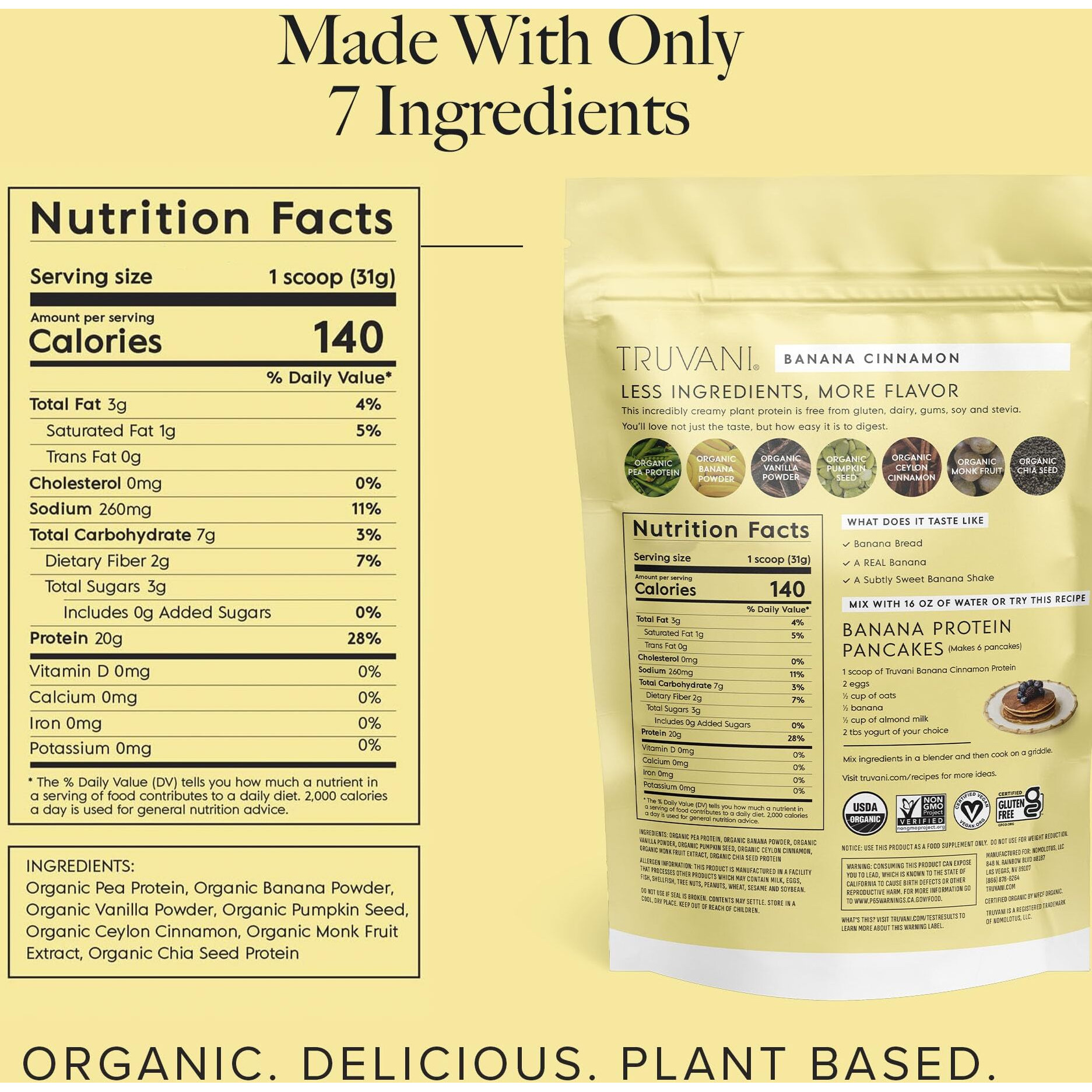 Truvani Organic Vegan Protein Powder Banana Cinnamon - 20g of Plant Based Protein, Organic Protein Powder, Pea Protein for Women and Men, Vegan, Non GMO, Gluten Free, Dairy Free (10 Servings)