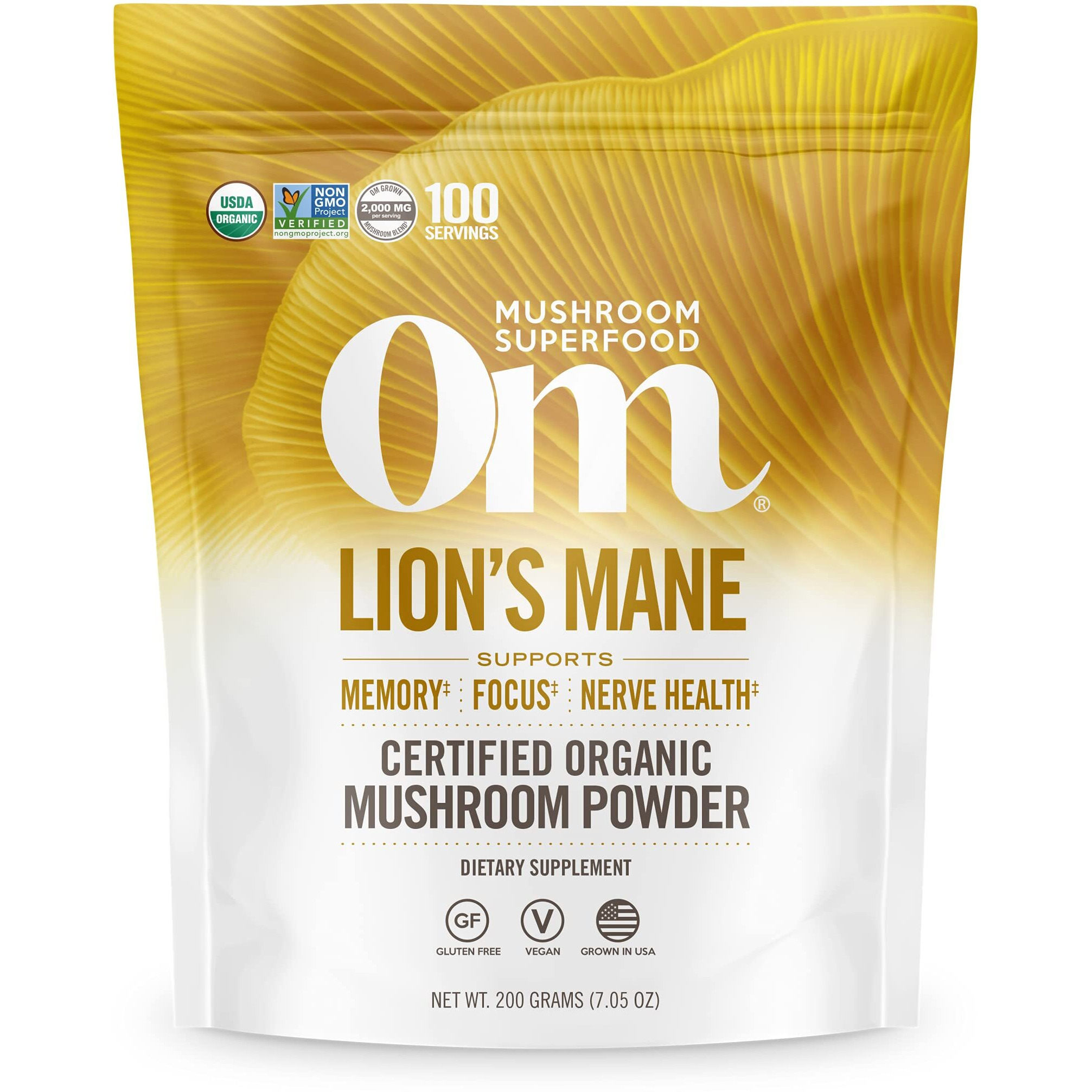Om Mushroom Superfood | Lion's Mane | USA Grown Organic Mushrooms | Memory, Focus, Clarity, Nerve Health & Mood Support | 7.05 oz, 100 Servings Powder Supplement Pouch