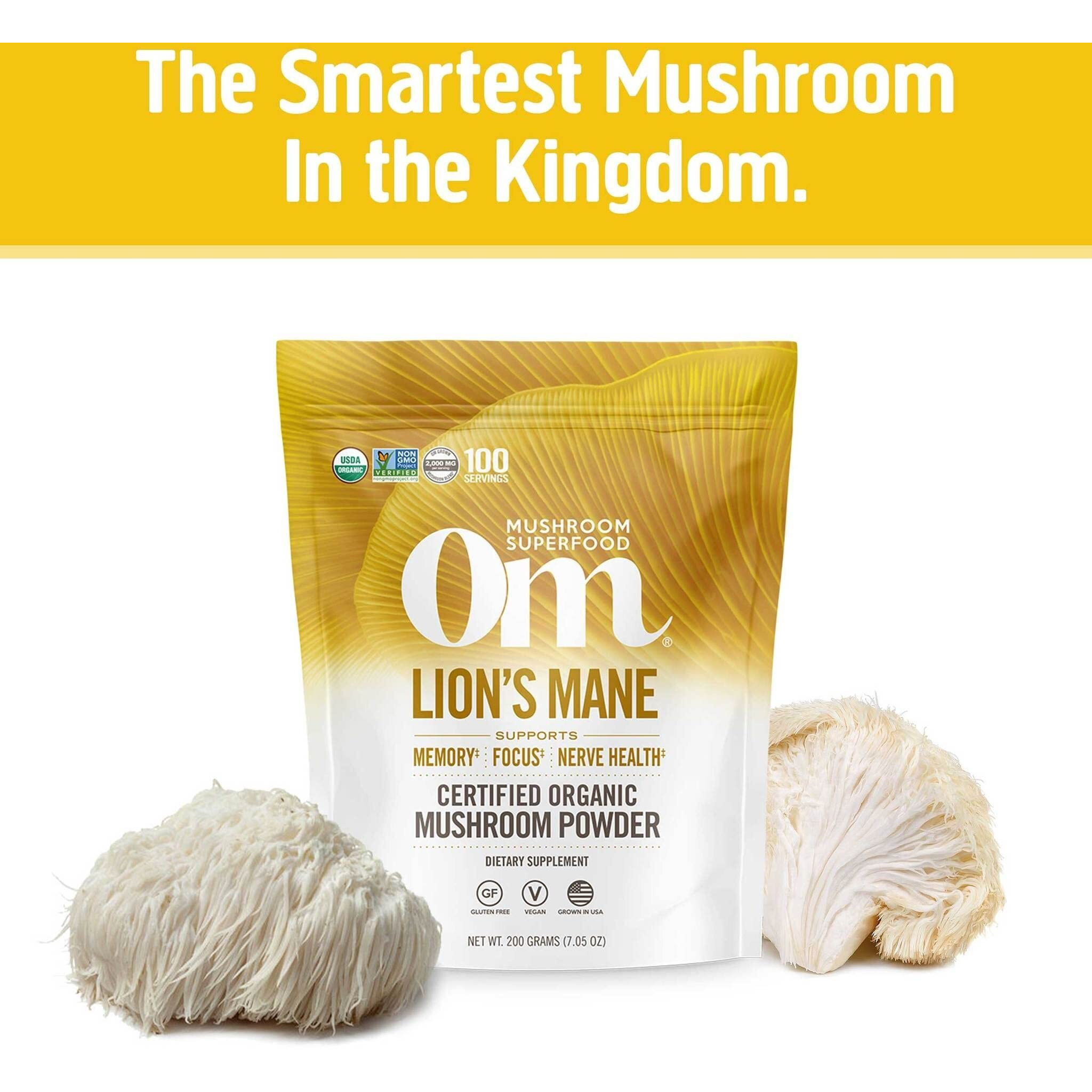 Om Mushroom Superfood | Lion's Mane | USA Grown Organic Mushrooms | Memory, Focus, Clarity, Nerve Health & Mood Support | 7.05 oz, 100 Servings Powder Supplement Pouch
