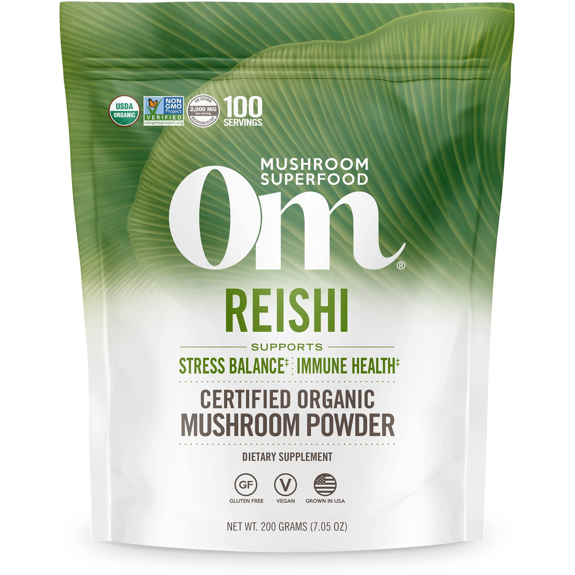 Om Mushroom Superfood Reishi Organic Mushroom Powder, 7.05 Ounce Pouch, 100 Servings, Adaptogen, Stress & Immune Support, Superfood Mushroom Supplement