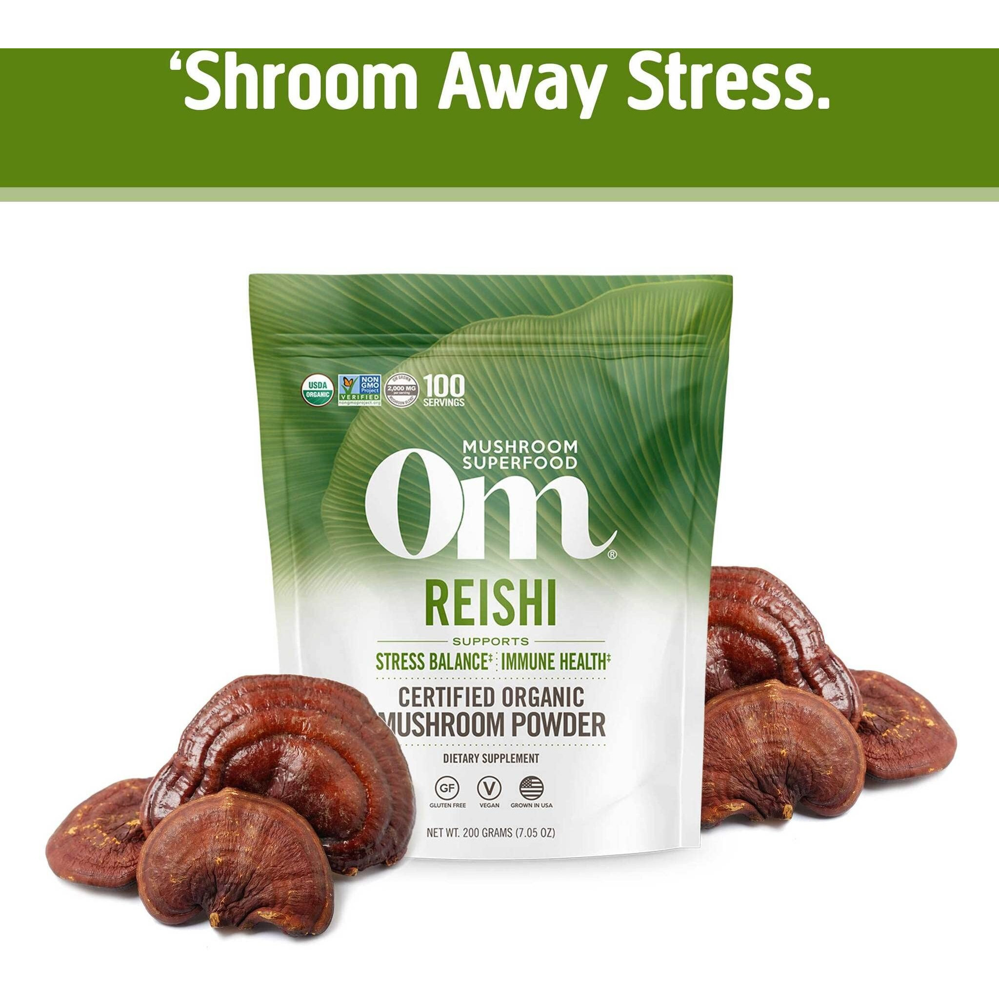 Om Mushroom Superfood Reishi Organic Mushroom Powder, 7.05 Ounce Pouch, 100 Servings, Adaptogen, Stress & Immune Support, Superfood Mushroom Supplement