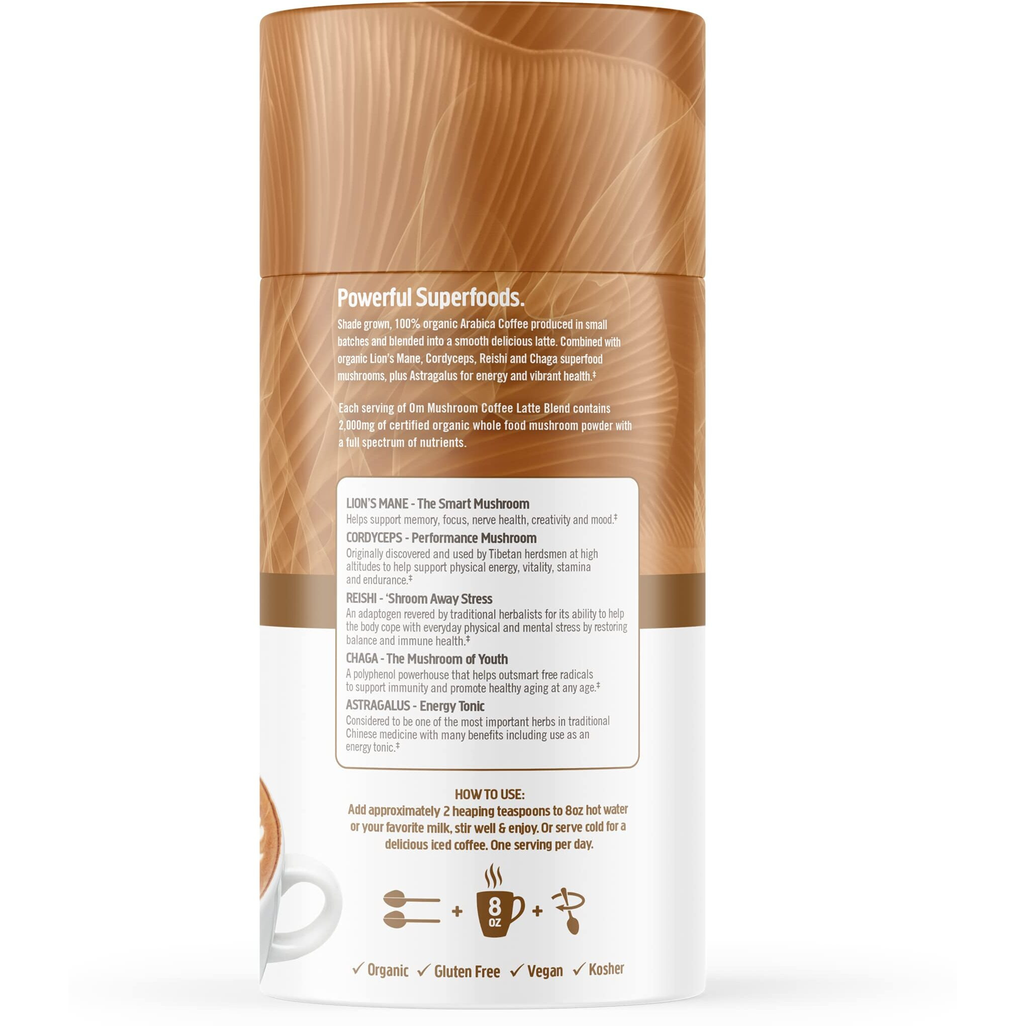 Om Mushroom Superfood Coffee Latte Blend Mushroom Powder, 8.47 Ounce Canister, 30 Servings, Lion's Mane, Cordyceps, Reishi, Chaga, Energy & Mental Clarity Support Supplement