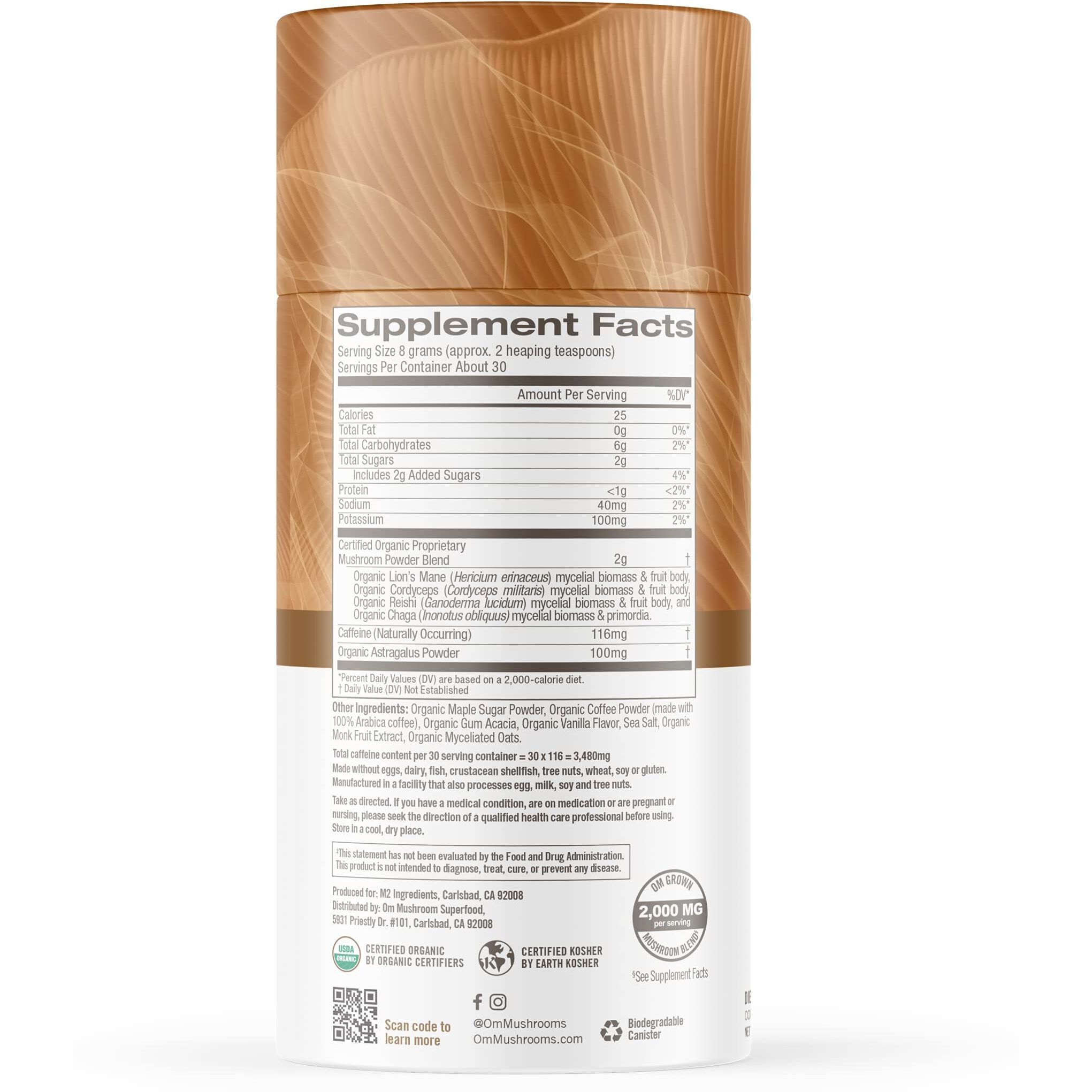 Om Mushroom Superfood Coffee Latte Blend Mushroom Powder, 8.47 Ounce Canister, 30 Servings, Lion's Mane, Cordyceps, Reishi, Chaga, Energy & Mental Clarity Support Supplement