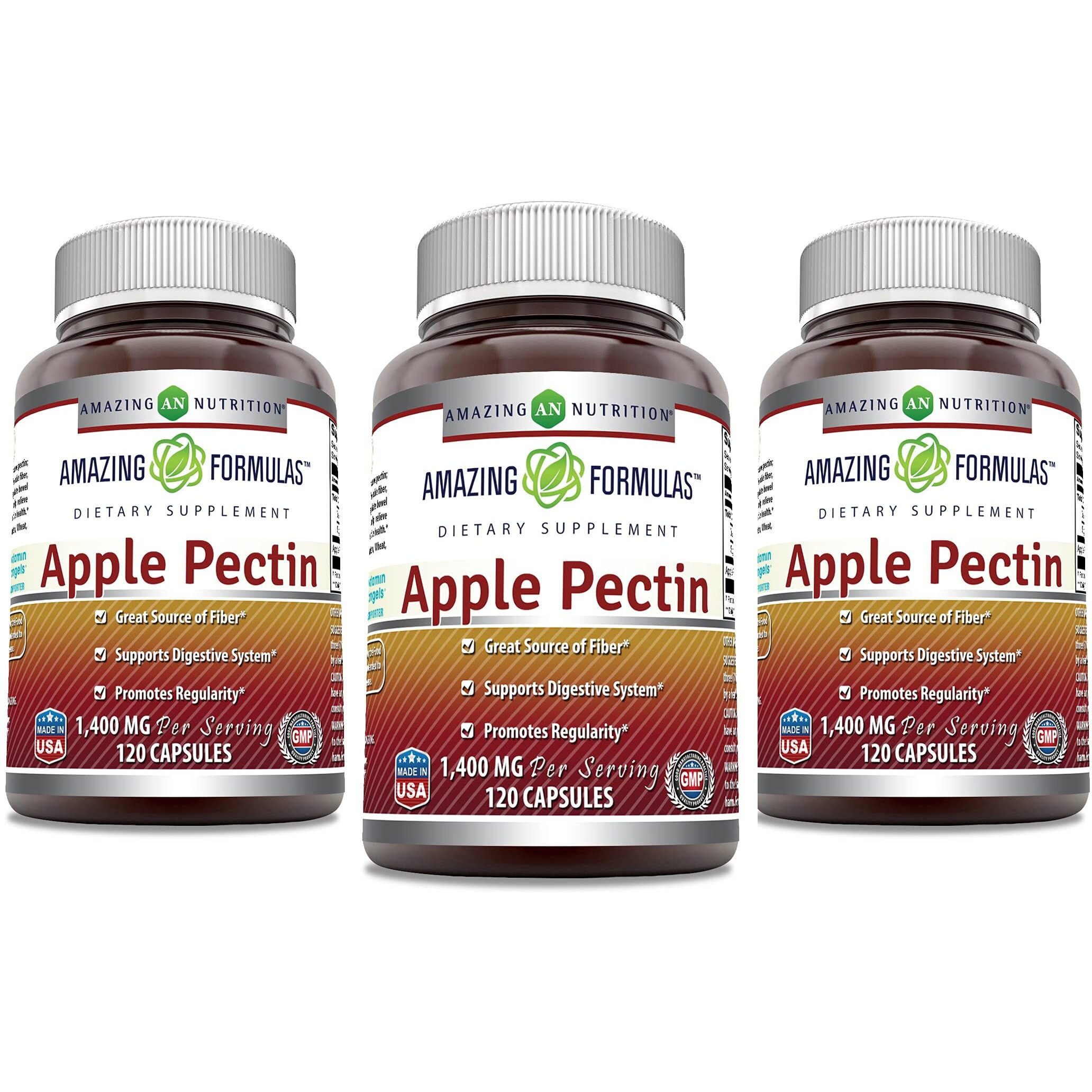 Amazing Formulas Apple Pectin 1400 mg Per Serving Supplement | Capsules | Non-GMO | Gluten Free | Made in USA (120 Count | 3 Pack)