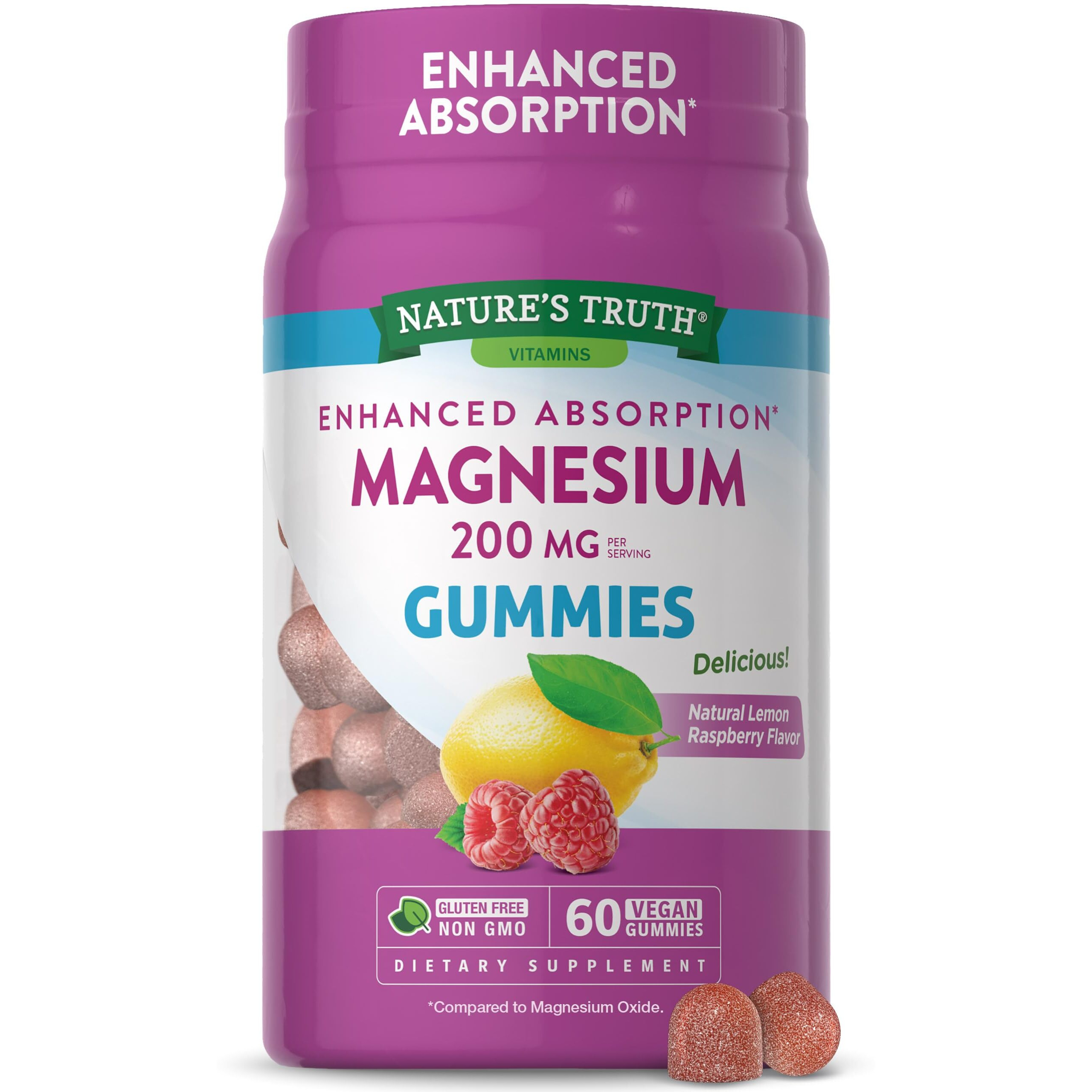 Magnesium Gummies | 200mg | 60 Count | Vegan, Non-GMO & Gluten Free Supplement | Enhanced Absorption Magnesium Citrate | by Nature's Truth