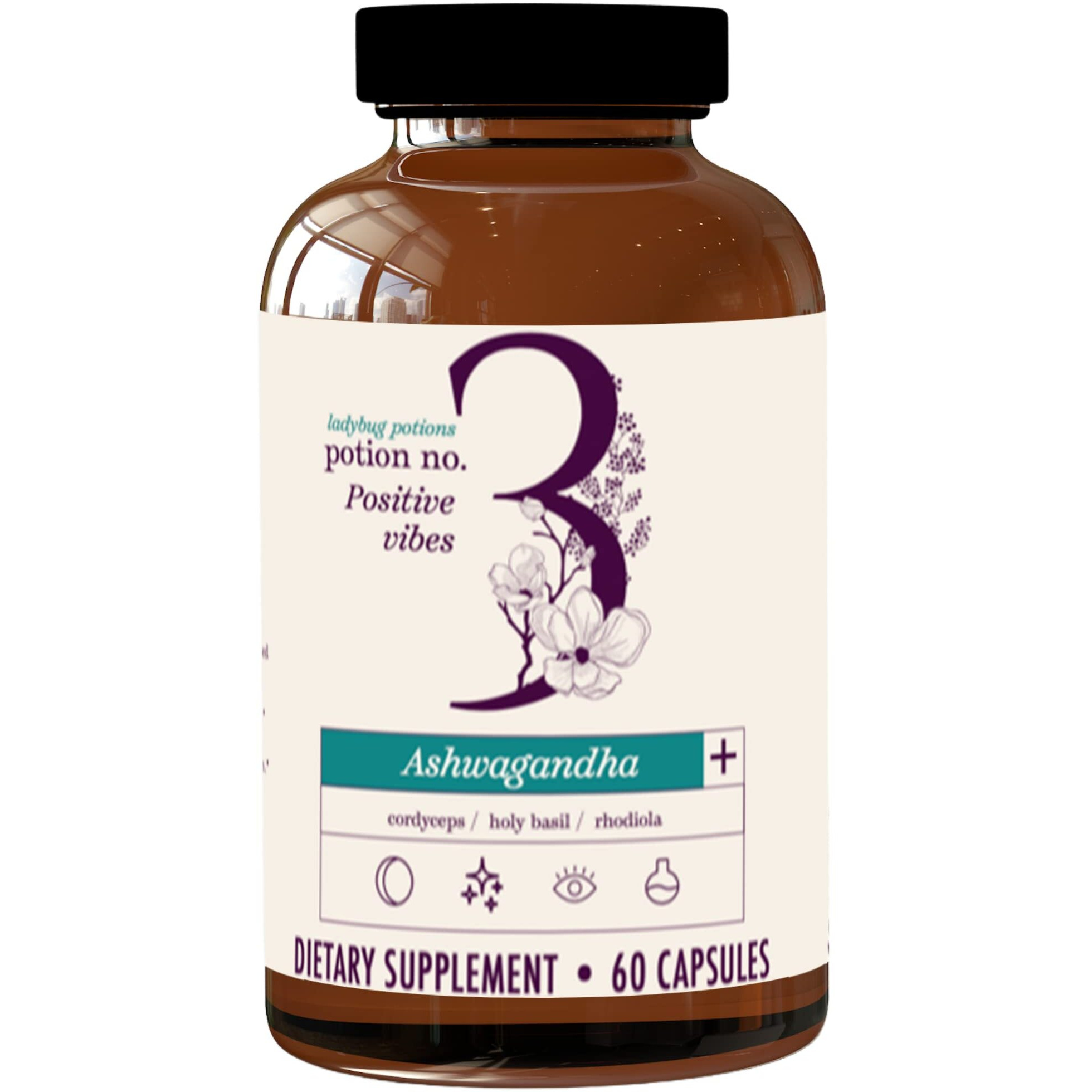 Ladybug Potions Organic Mood Pills - Ashwagandha, Cordyceps, Holy Basil & Rhodiola - Boost Mood & Energy and Reduce Stress, Cognitive Function - Potion No. 3 Positive Vibes