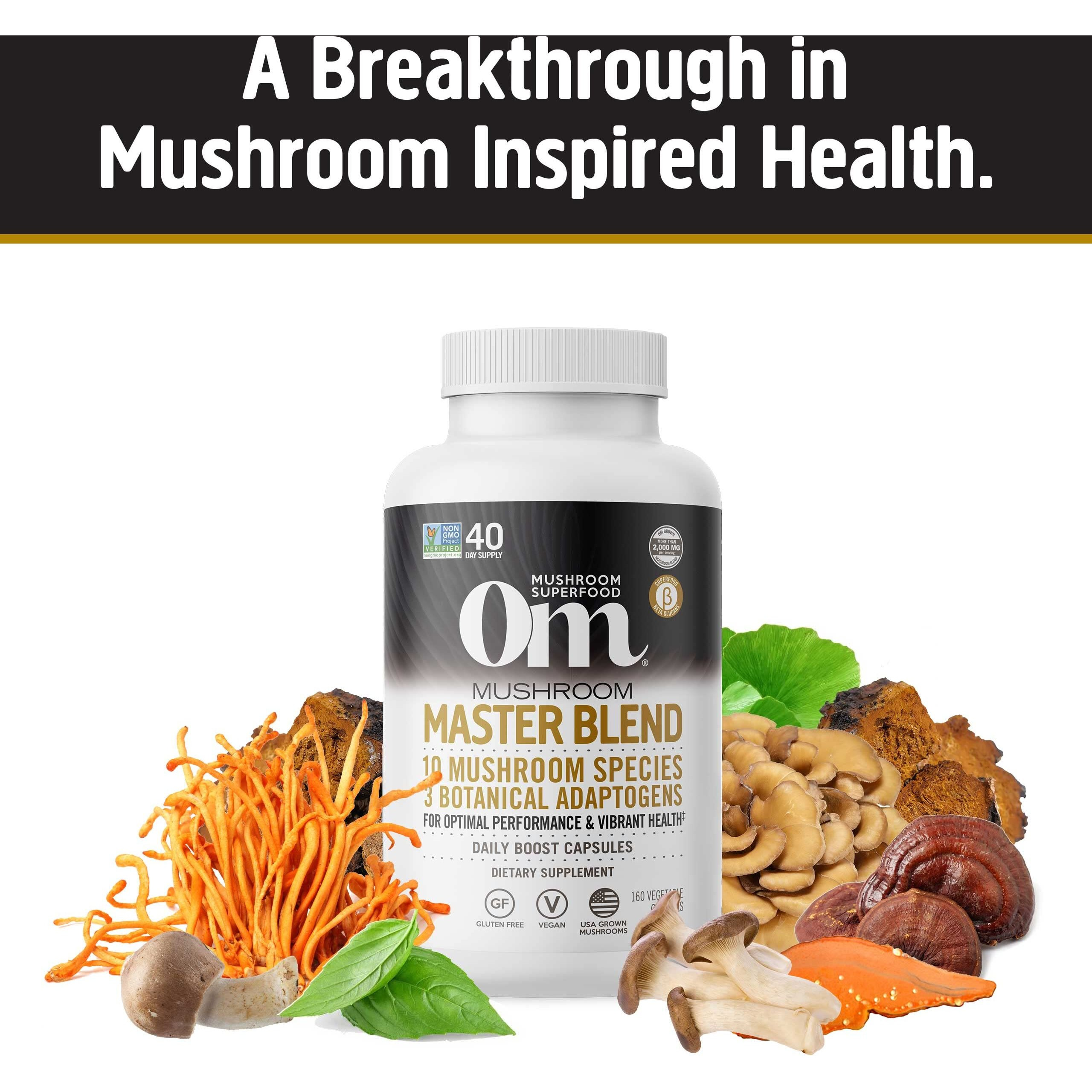 Om Mushroom Superfood Master Blend Mushrooms & Adaptogens, Capsules Supplement, 160 Count, 40 Servings, 10 Mushroom Complex, Adaptogens for Immune Health, Vitality, Stress Relief (Packaging May Vary)