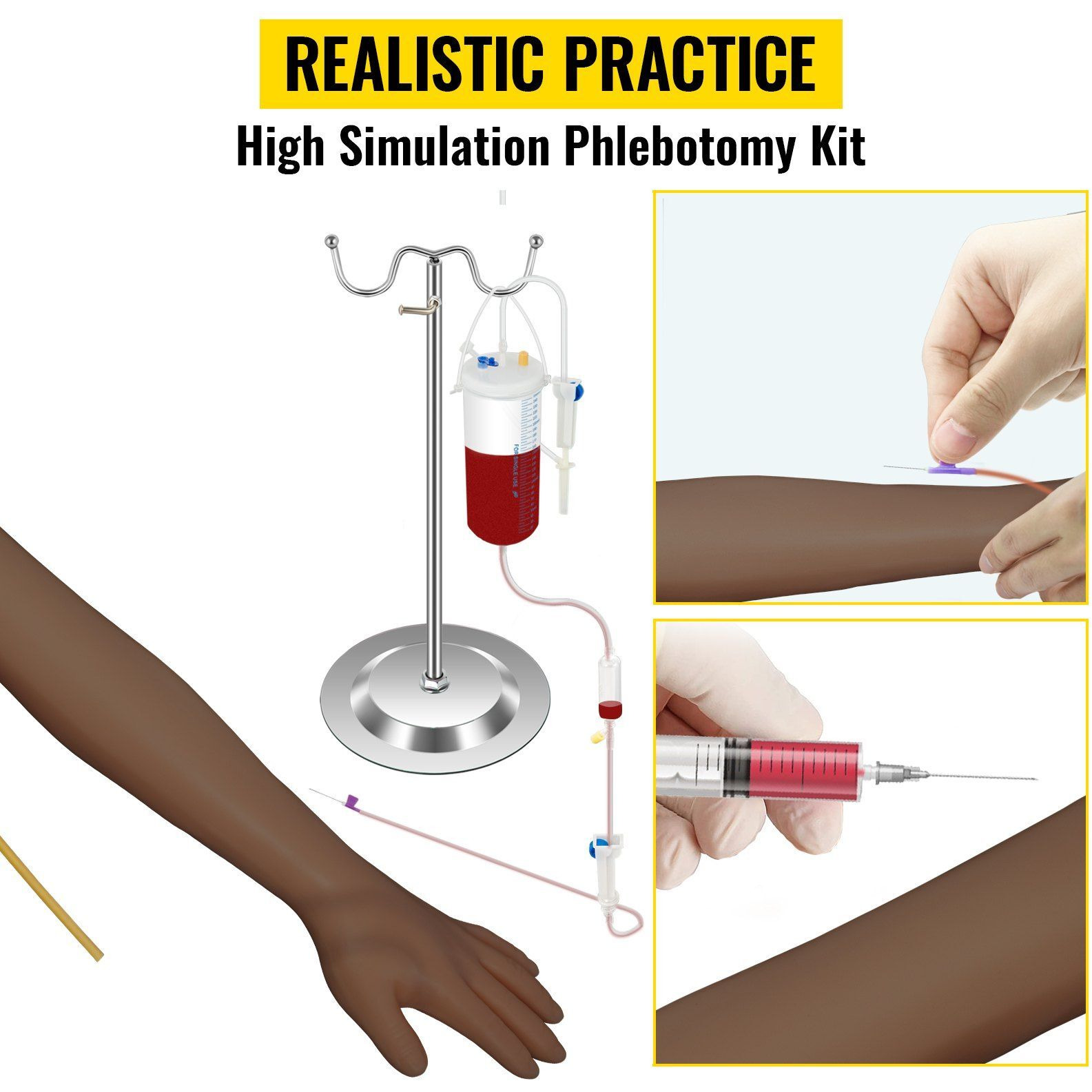 VEVOR Phlebotomy Practice Kit, Dark Skin IV Practice Kit Venipuncture Learning Phlebotomy Practice Arm Kit with Infusion Stand for Nurse, Medical Students