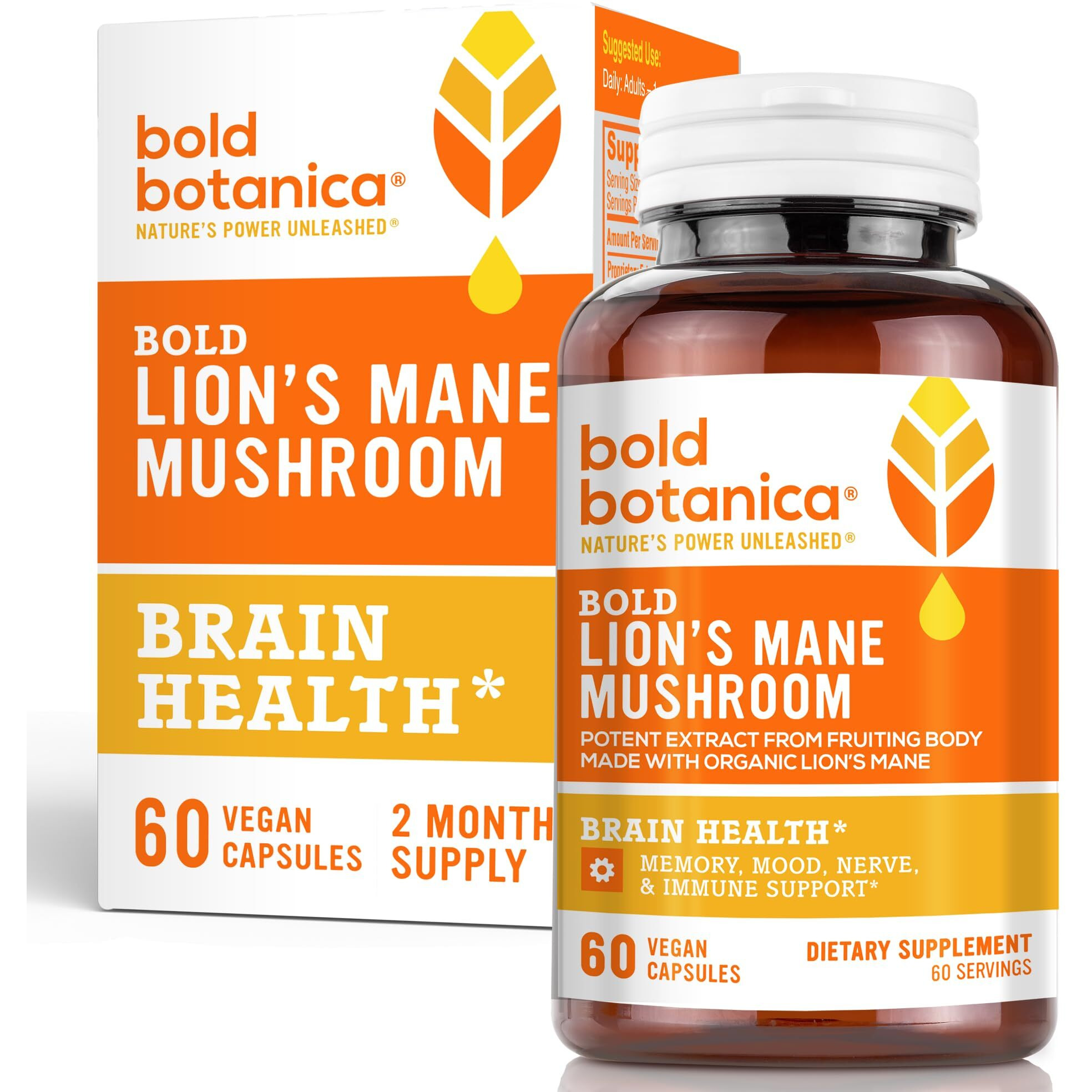 Bold Botanica Lions Mane Mushroom Capsules - 100% Fruiting Body - Concentrated Organic Lions Mane Extracts - Nootropic Brain Health - Memory, Mood, Immune Support - 60 Vegan Capsules