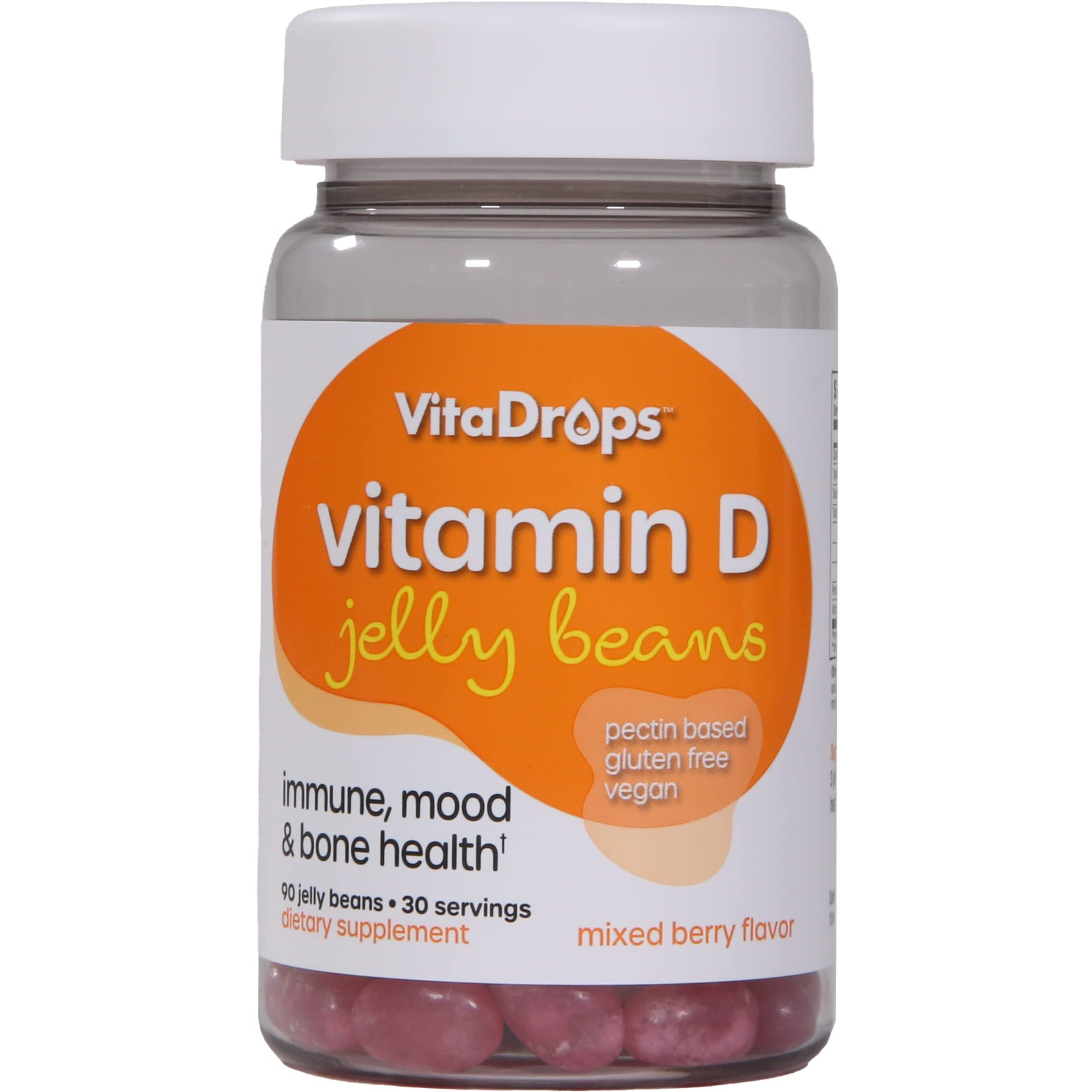 VitaDrops Vitamin D Jelly Beans, Supports Immune Health, Promotes Bone Health, Pectin Based, Vegan & Gluten Free, Mixed Berry Flavor, 90 Jelly Beans, 30 Servings