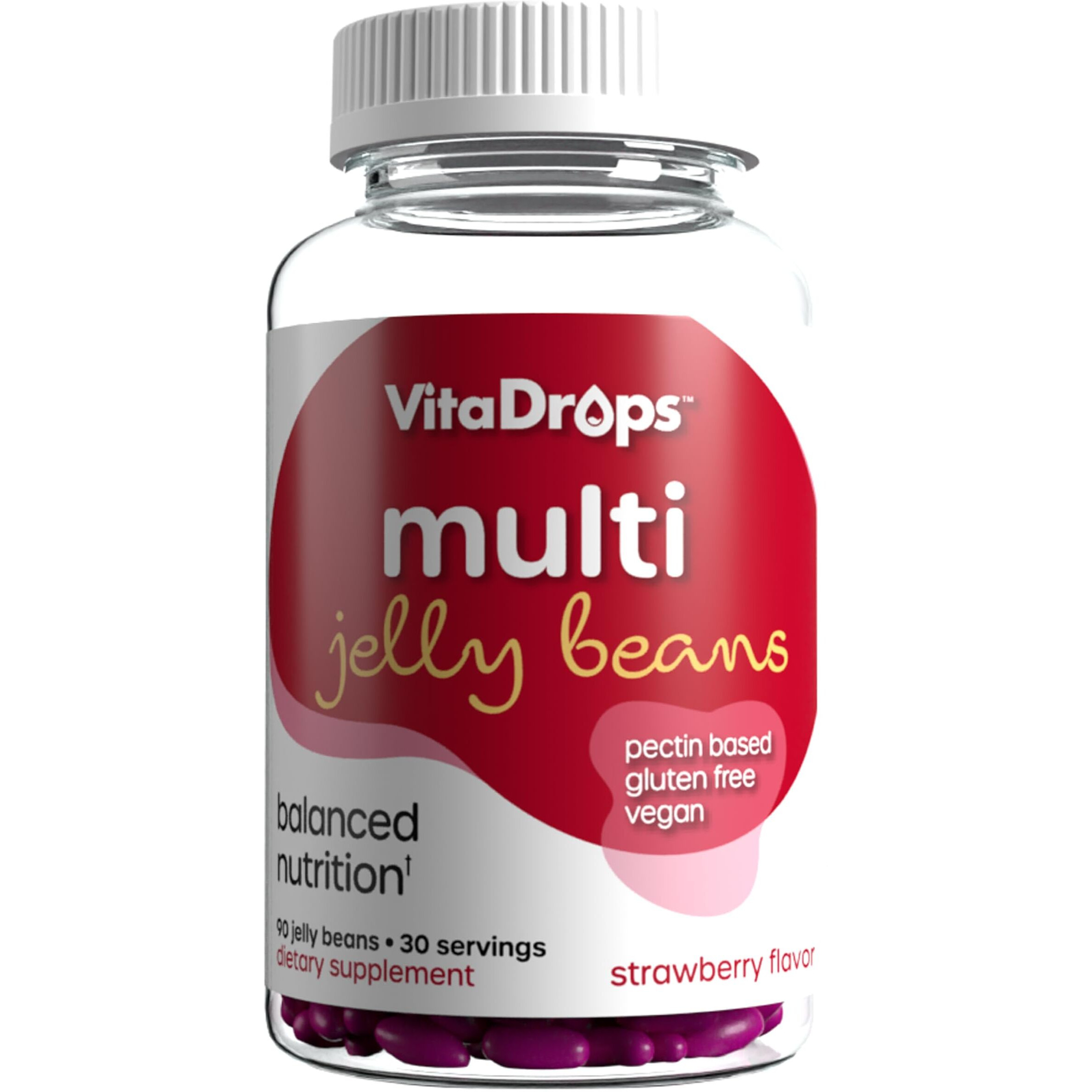VitaDrops Multivitamin Jelly Beans, Women & Men, Source of Vitamin A C D E B-3 B-6 & Biotin, Supports Immune System, Pectin Based, Vegan & Gluten Free, Strawberry Flavor, 90 Jelly Beans, 30 Servings