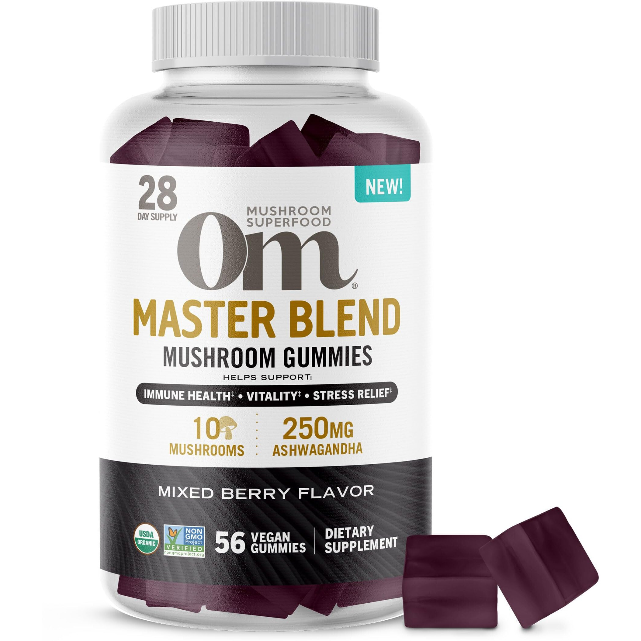 Om Mushroom Superfood Master Blend Mushroom Gummies, 56 Count, 28 Servings, Mixed Berry Flavor, 10 Mushroom Complex, Lions Mane, Chaga, Cordyceps, Adaptogens for Immune Health, Vitality, Stress Relief