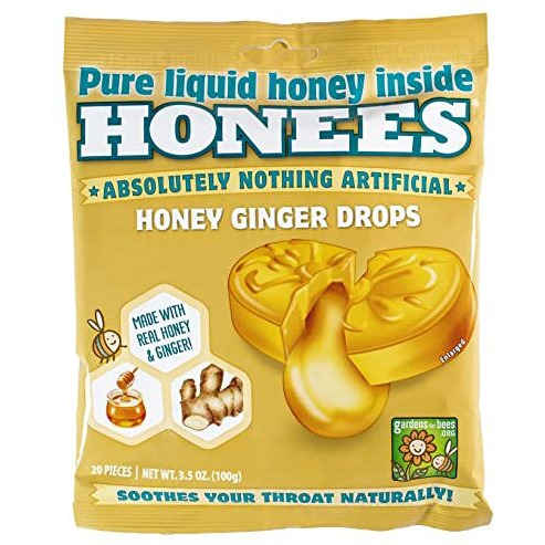 Honees Honey Ginger Soothing Throat Drops, 12 Bags, Soothing Honey Center, Made with Real Ginger