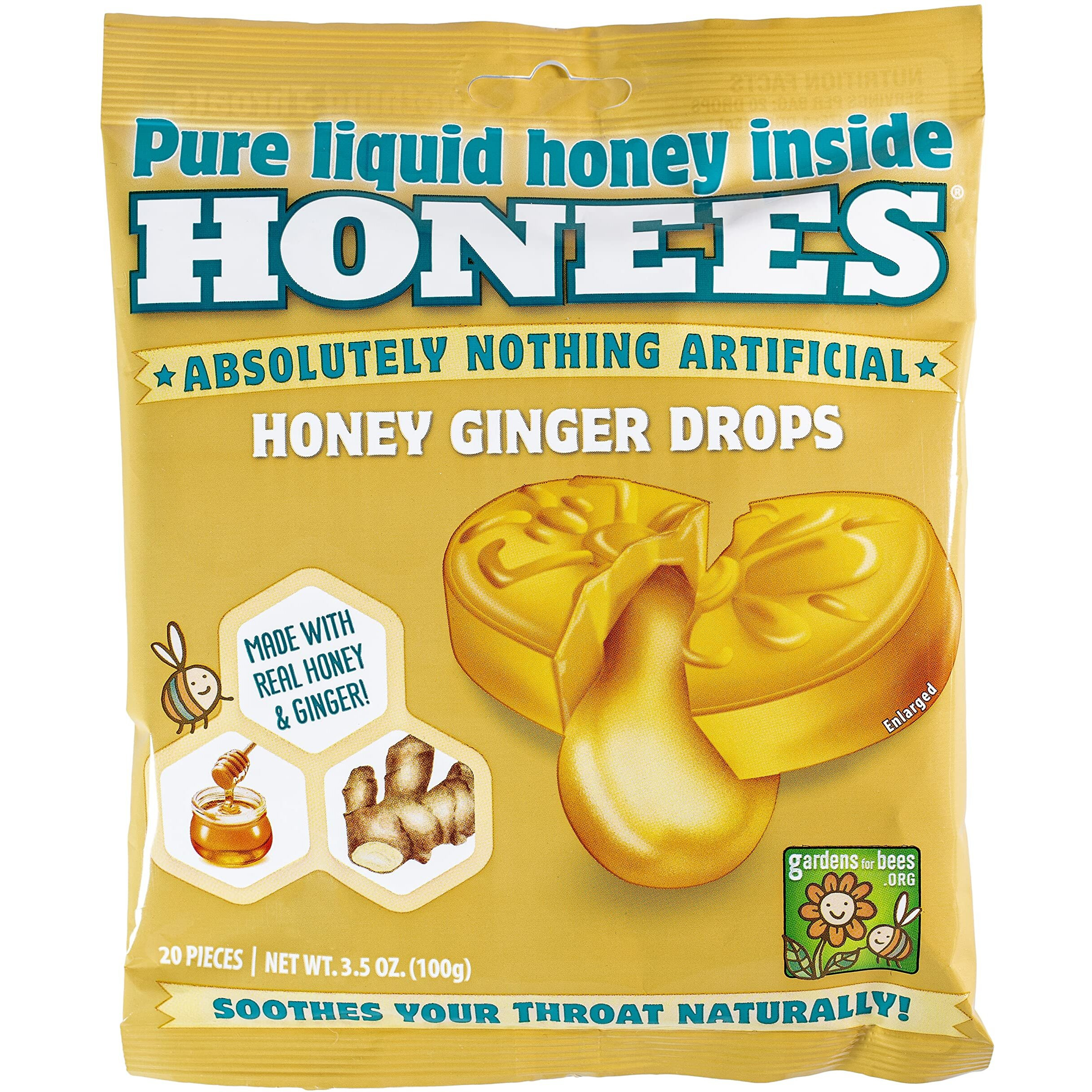 Honees Honey Ginger Soothing Throat Drops, 12 Bags, Soothing Honey Center, Made with Real Ginger