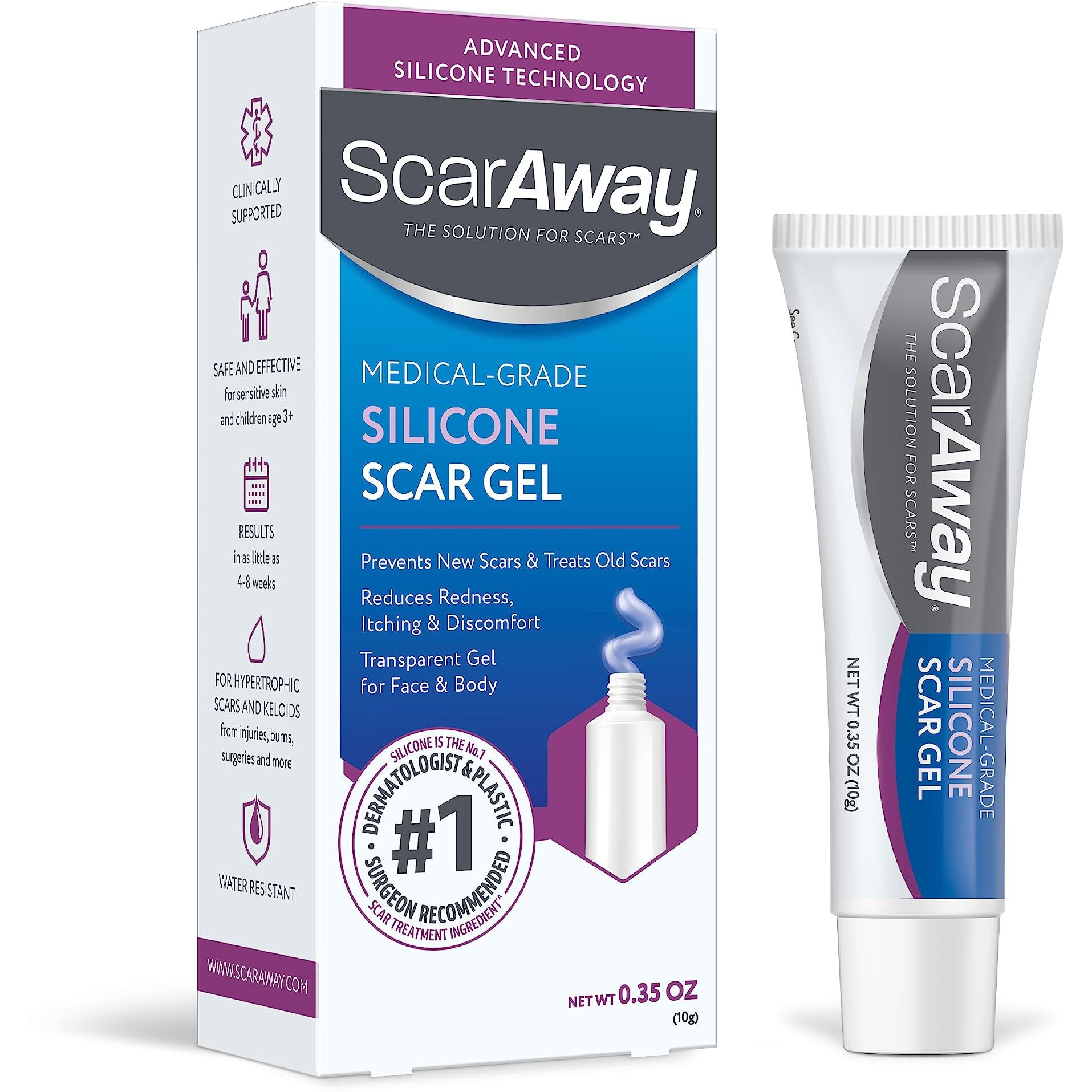 ScarAway Silicone Scar Gel, Helps Improve Size, Color & Texture of Hypertrophic & Keloid Scars from Injury, Burns & Surgery, Water Resistant, 10g (0.35 Oz)