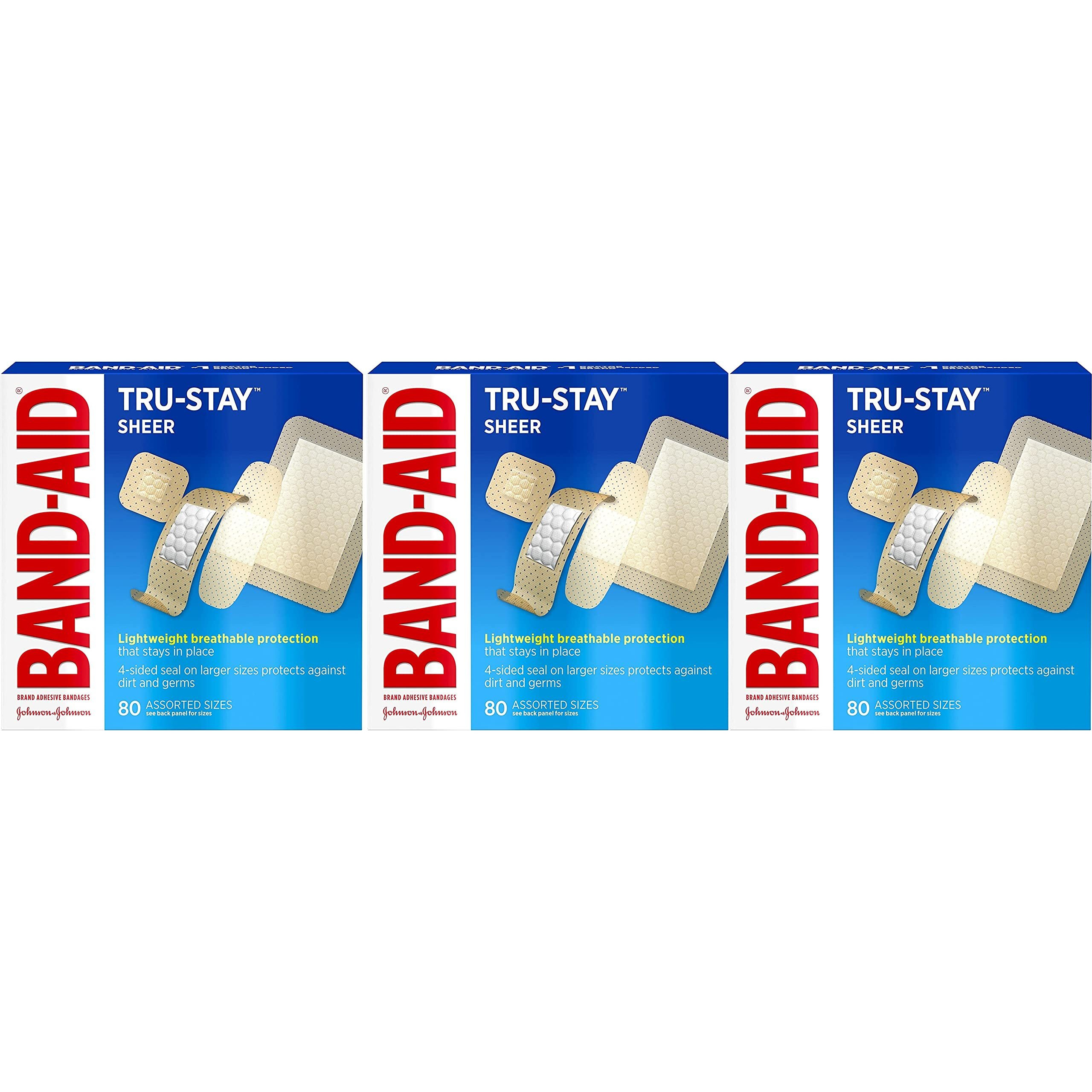 Band-Aid Brand Tru-Stay Sheer Strips Adhesive Bandages for First Aid and Wound Care, Assorted Sizes, 80 ct (Pack of 3)