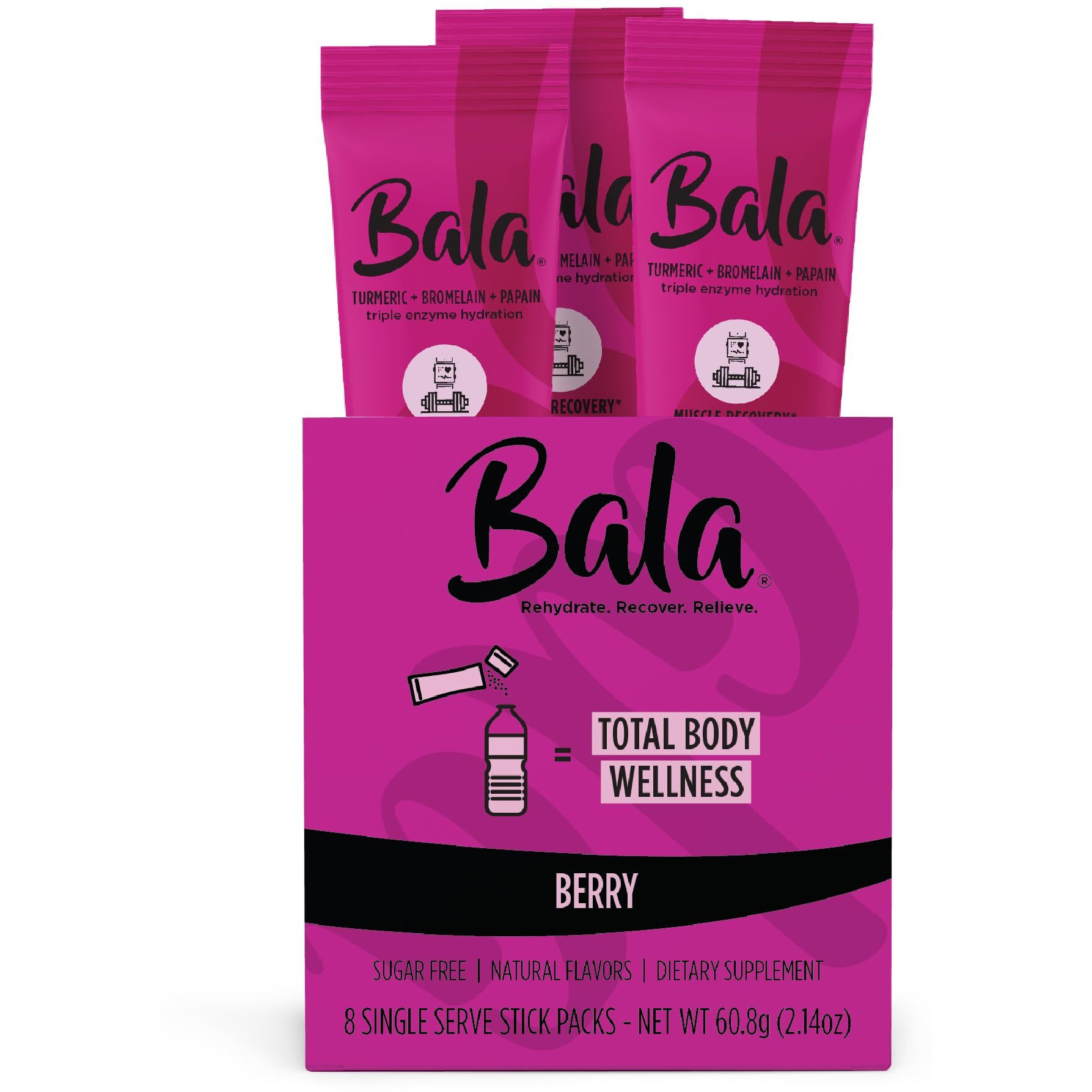 Bala Hydration Turmeric Drink Mix Packet, Sugar-Free Electrolyte Powder, Muscle Recovery, Immune Support, Joint Relief, Plant-Based Enzymes, Bromelain, Papain, Curcumin - Berry (8 Pack)