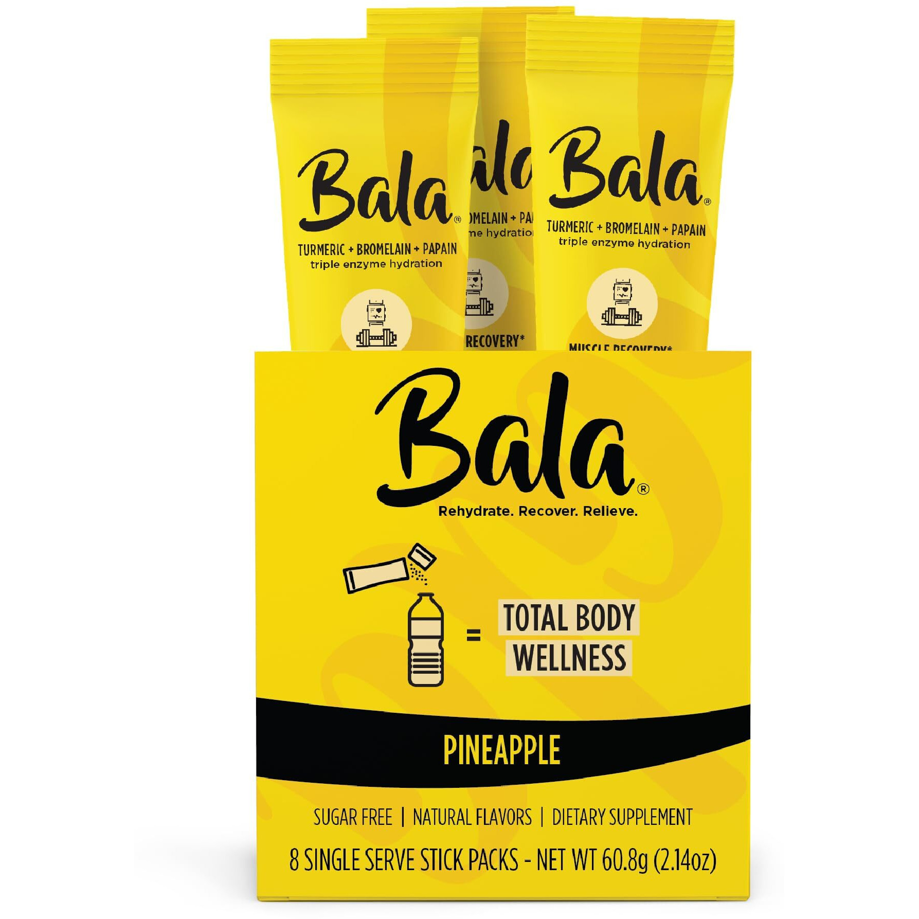 Bala Hydration Turmeric Drink Mix Packet | Sugar-Free Electrolyte Powder, Muscle Recovery, Immune Support, Joint Relief | Plant-Based Enzymes, Bromelain, Papain, Curcumin (Pineapple 8 Pack)