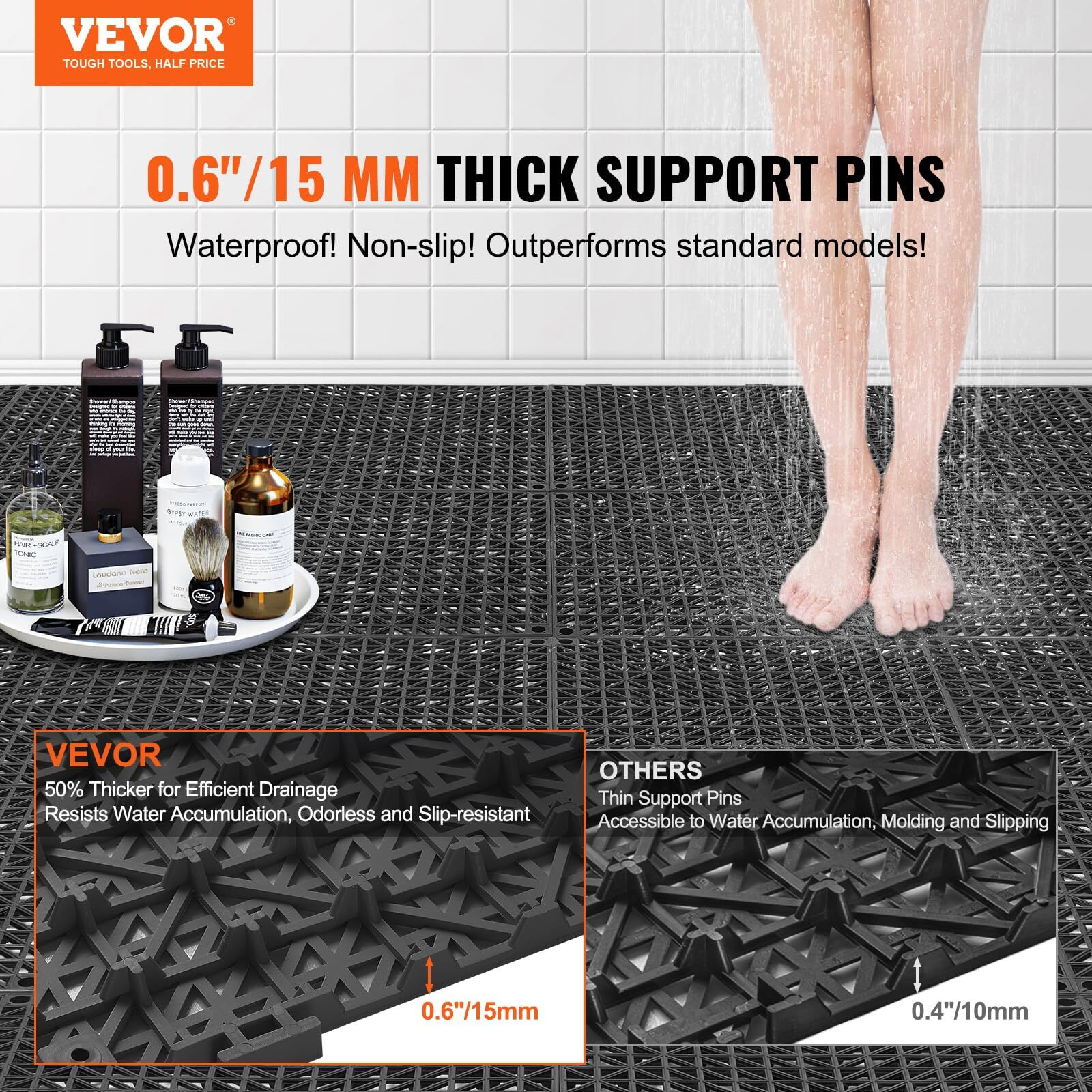 VEVOR Modular Interlocking Cushion, 12 Pack 12" x 12" Splicing Drainage Mats, Soft PVC Interlocking Drainage Floor Tiles, Non-Slip Drainage Holes for Restroom, Bathroom, Kitchen, Pool, Wet Areas, Blac