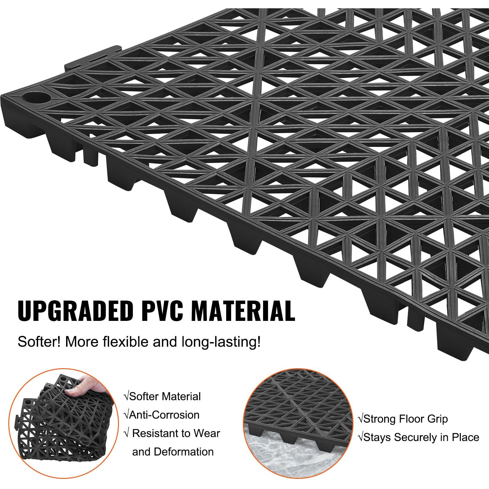 VEVOR Modular Interlocking Cushion, 12 Pack 12" x 12" Splicing Drainage Mats, Soft PVC Interlocking Drainage Floor Tiles, Non-Slip Drainage Holes for Restroom, Bathroom, Kitchen, Pool, Wet Areas, Blac