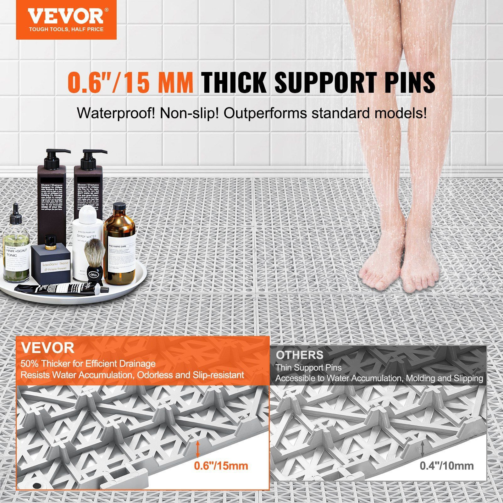 VEVOR Modular Interlocking Cushion, 12 Pack 12" x 12" Splicing Drainage Mats, Soft PVC Interlocking Drainage Floor Tiles, Non-Slip Drainage Holes for Restroom, Bathroom, Kitchen, Pool, Wet Areas, Gray