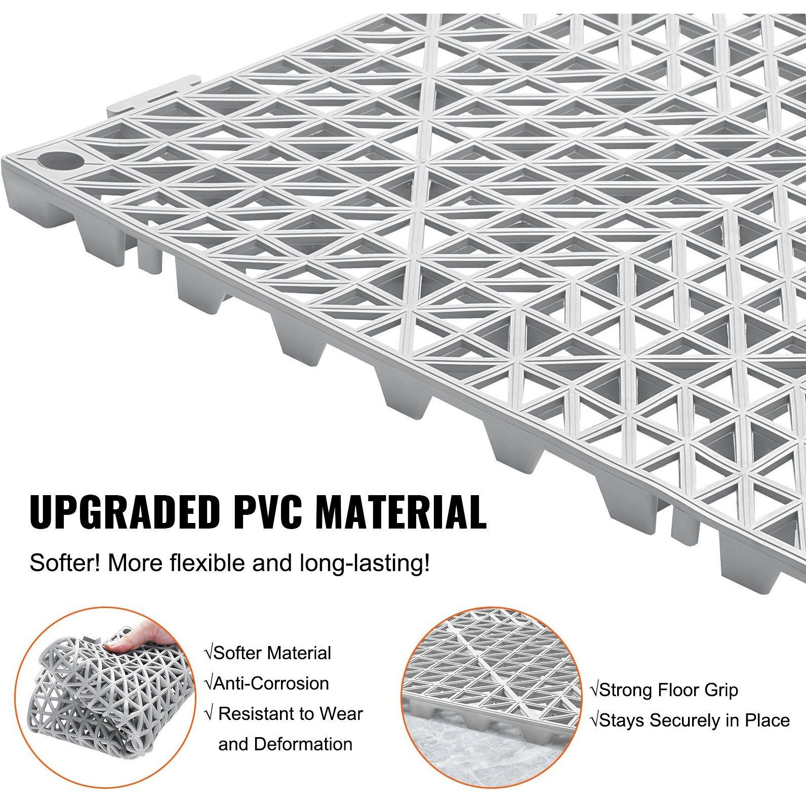 VEVOR Modular Interlocking Cushion, 12 Pack 12" x 12" Splicing Drainage Mats, Soft PVC Interlocking Drainage Floor Tiles, Non-Slip Drainage Holes for Restroom, Bathroom, Kitchen, Pool, Wet Areas, Gray