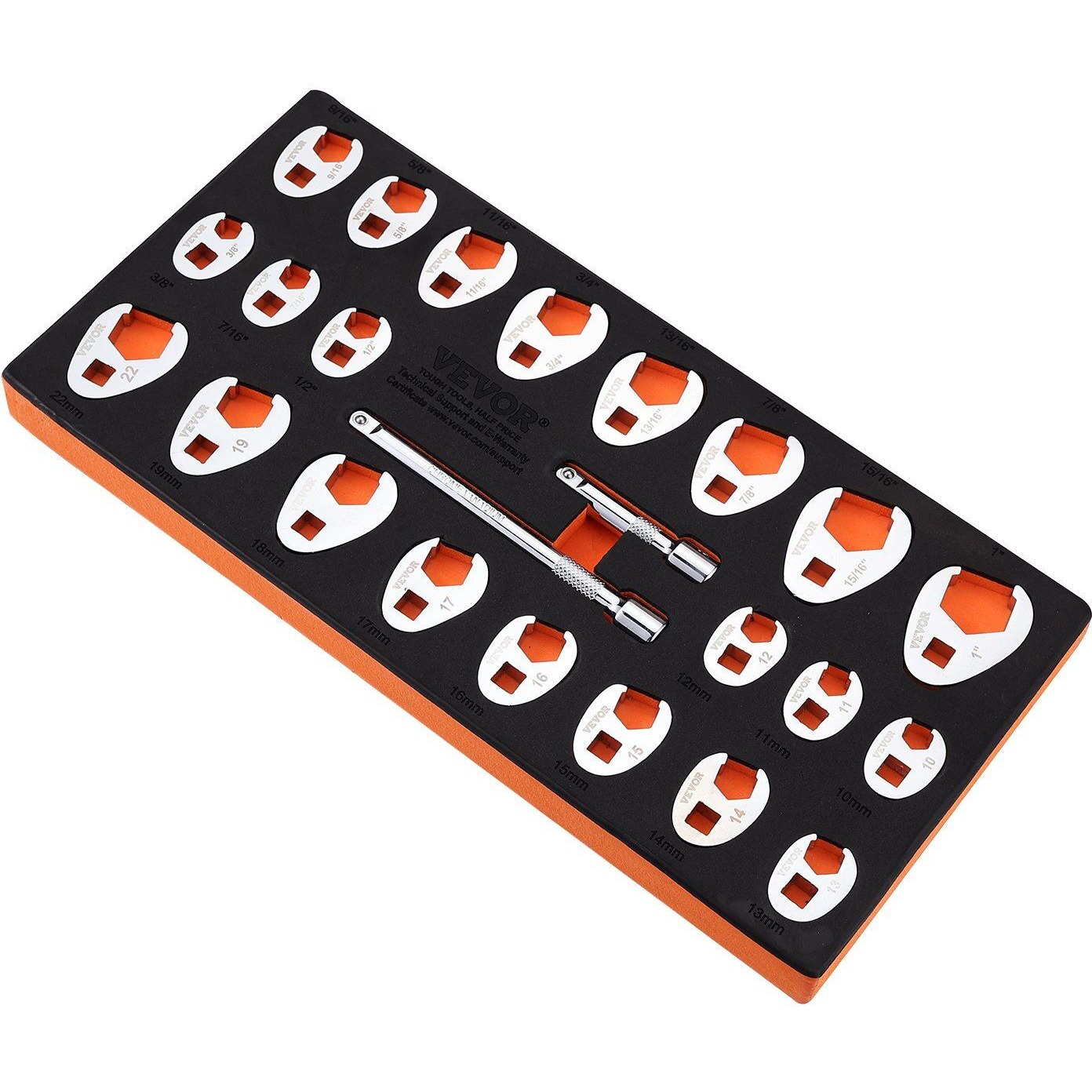 VEVOR 3/8" Drive Crowfoot Wrench Set with 2 Extension Bars, 24-Piece Crows Foot Wrench Set, SAE 3/8"-1" and Metric 10-22 mm, CR-MO Steel Crowfoot Wrench Set, with EVA Tool Organizer