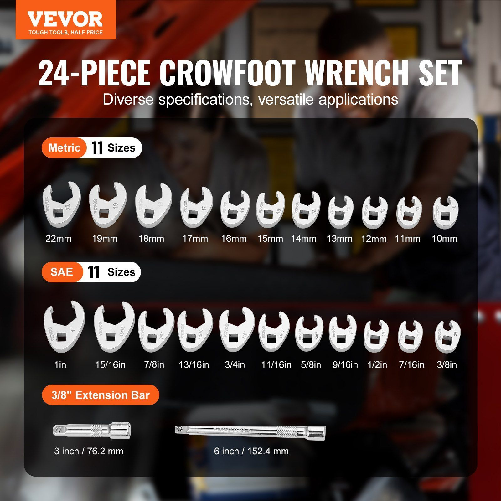 VEVOR 3/8" Drive Crowfoot Wrench Set with 2 Extension Bars, 24-Piece Crows Foot Wrench Set, SAE 3/8"-1" and Metric 10-22 mm, CR-MO Steel Crowfoot Wrench Set, with EVA Tool Organizer
